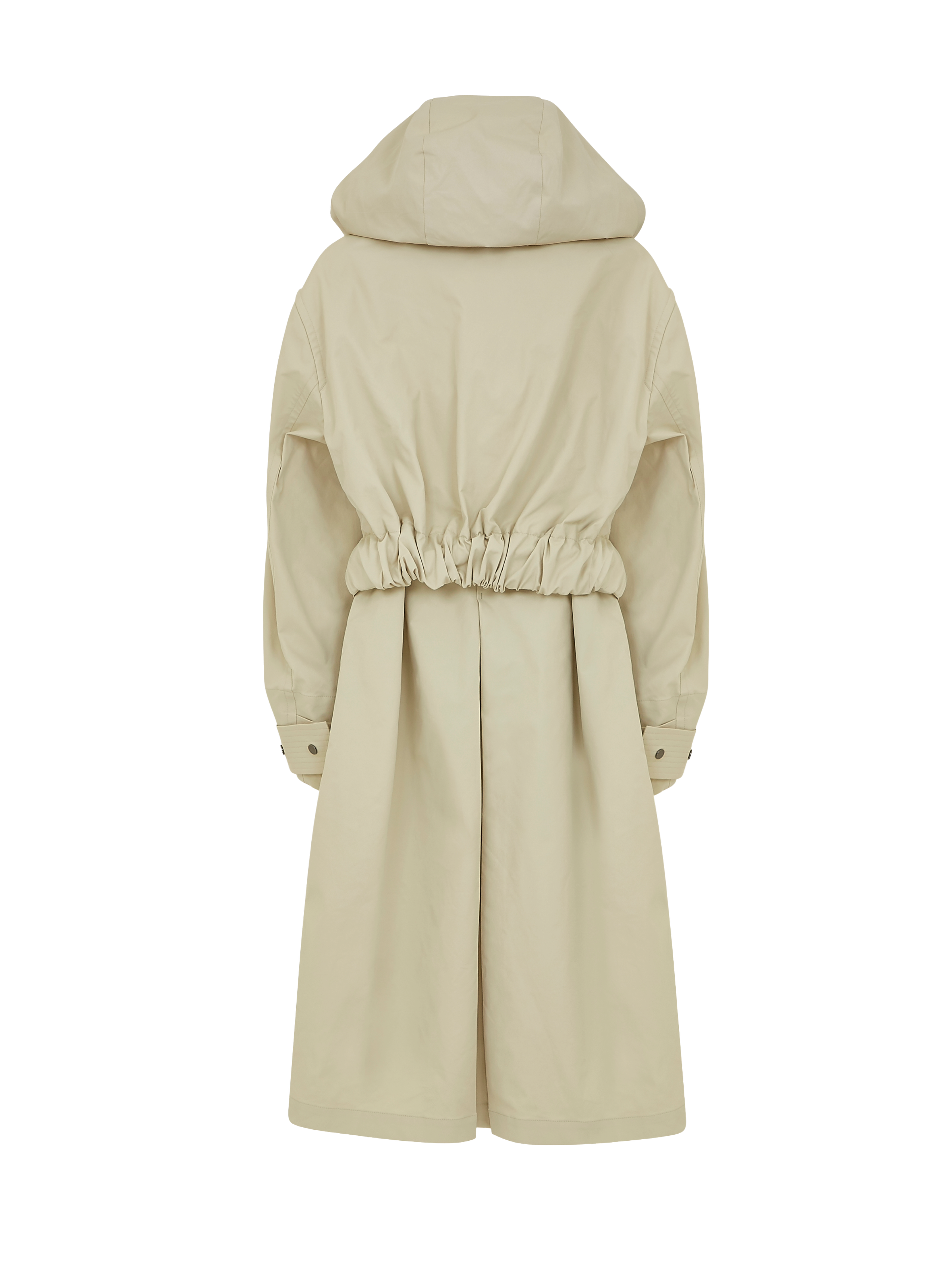 Back of a beige trench coat with a hood and cinched waist.