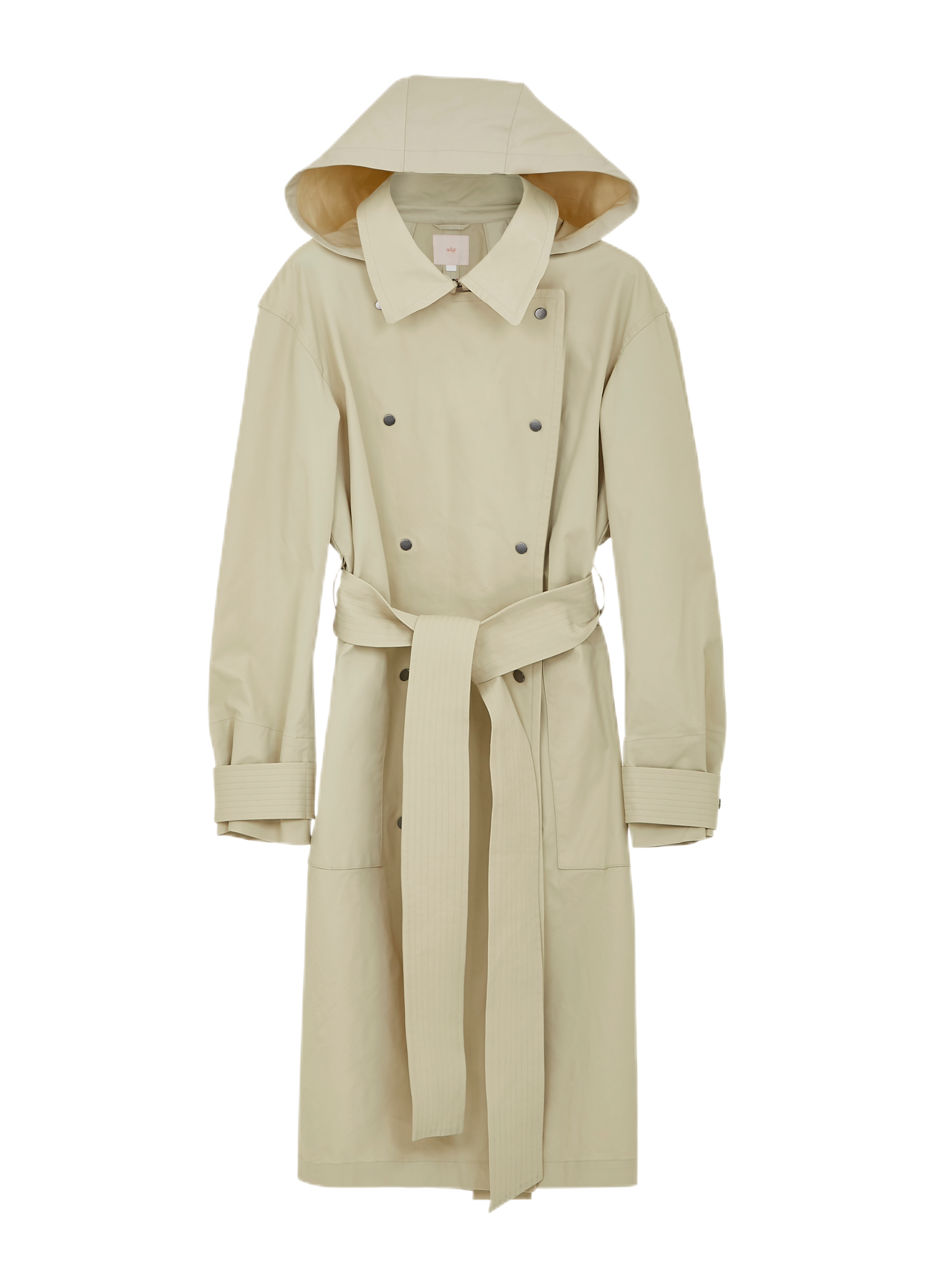 A beige trench coat with a hood, double-breasted buttons, a belt at the waist, and wide cuffs on the sleeves.