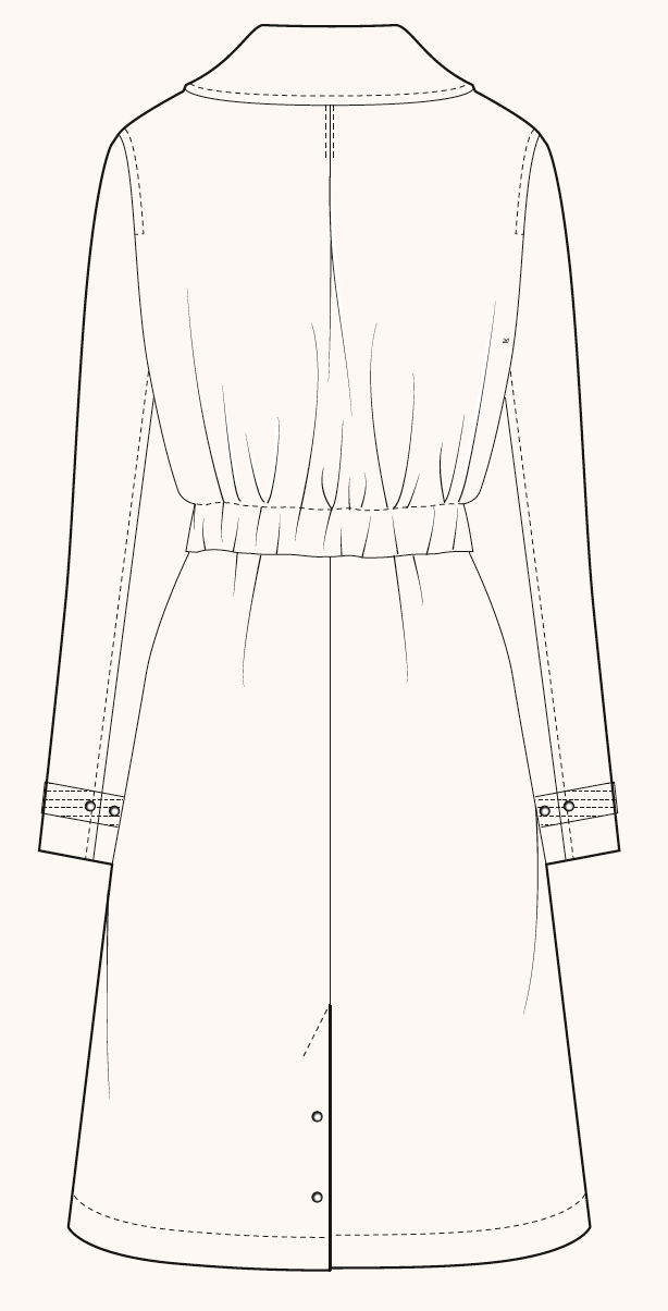 Line drawing of a women's dress pattern with long sleeves, button details on the cuffs, a cinched waist, and a button-down front.