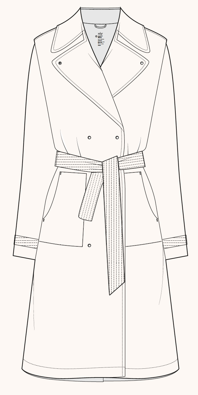 Line drawing of a belted trench coat with epaulets on the shoulders and large front pockets.