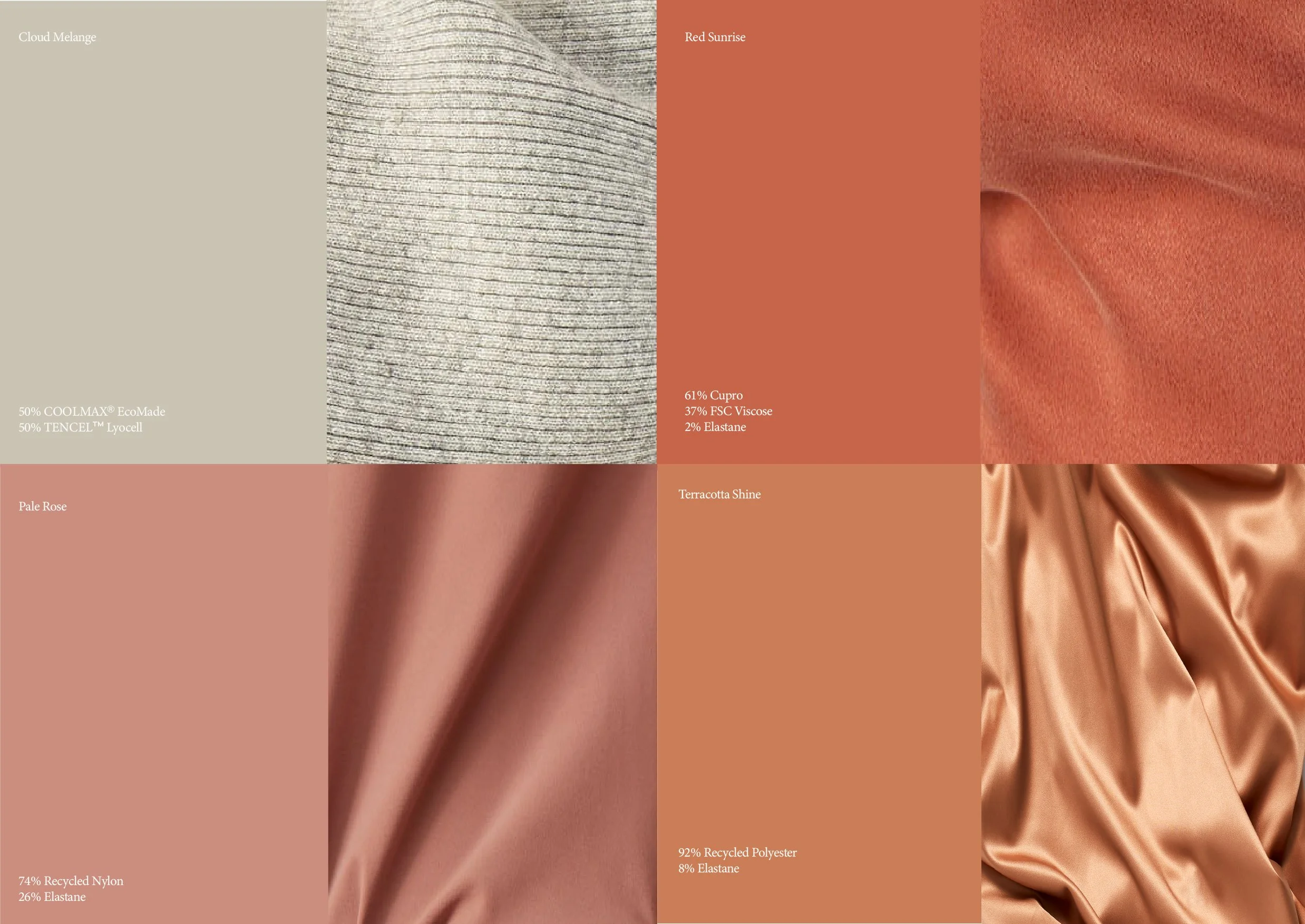 A color palette featuring various shades of beige, brown, and copper. The colors include Cloud Melange, Red Sunrise, Pale Rose, Terracotta Shine, and Recycled Polyester with fabric textures shown alongside. Descriptions include material compositions such as recycled nylon, TENCEL, cupro, FSC viscose, elastane, and satin-like silk.