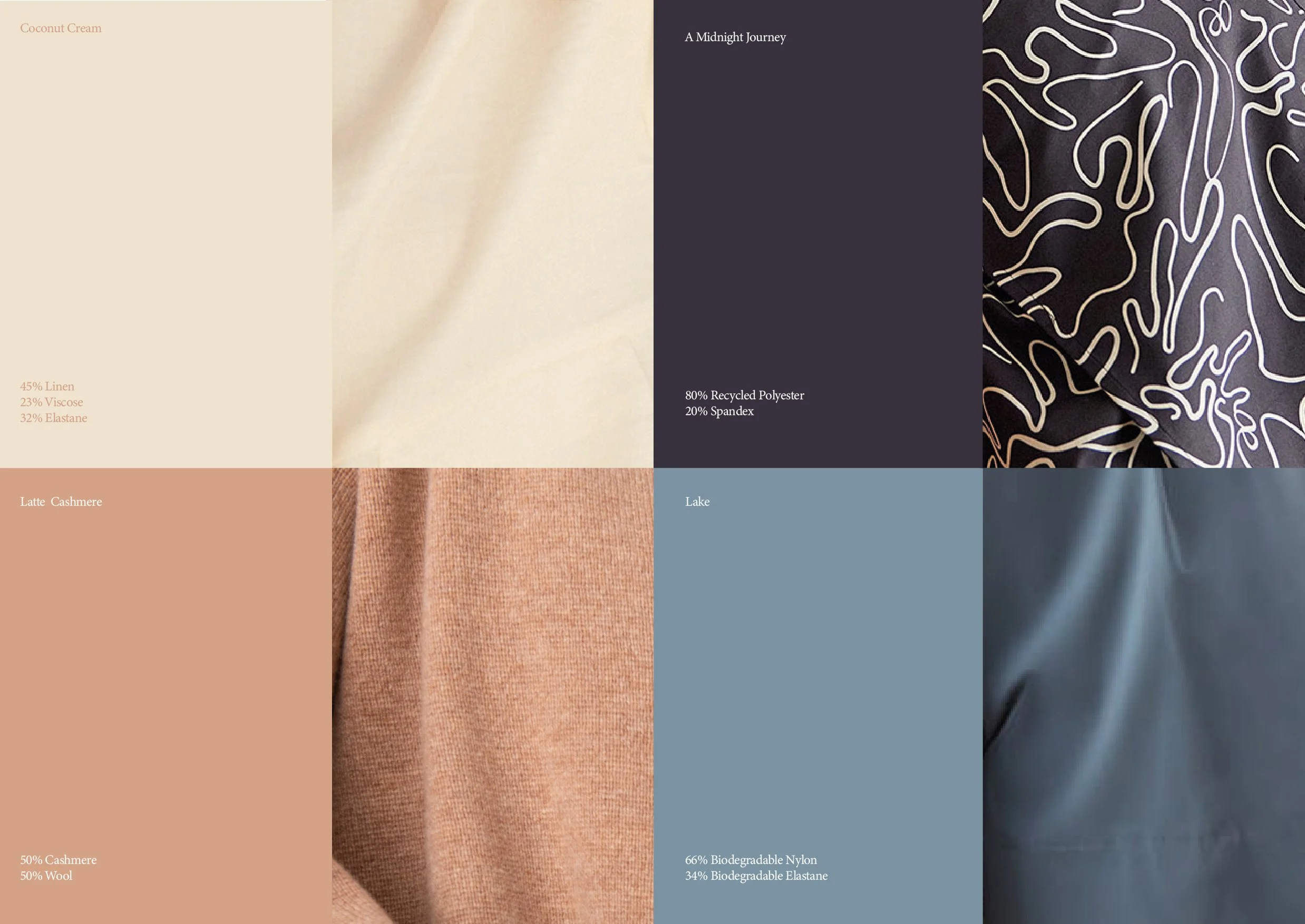 A collage of six different fabric textures and colors with labels showing material descriptions. Top left is a beige fabric labeled coconut cream, with textile composition percentages. Top center is off-white linen fabric. Top right is black with white abstract line pattern. Bottom left is a light brown cashmere fabric. Bottom center is a blue fabric labeled lake. Bottom right is a dark blue nylon fabric.