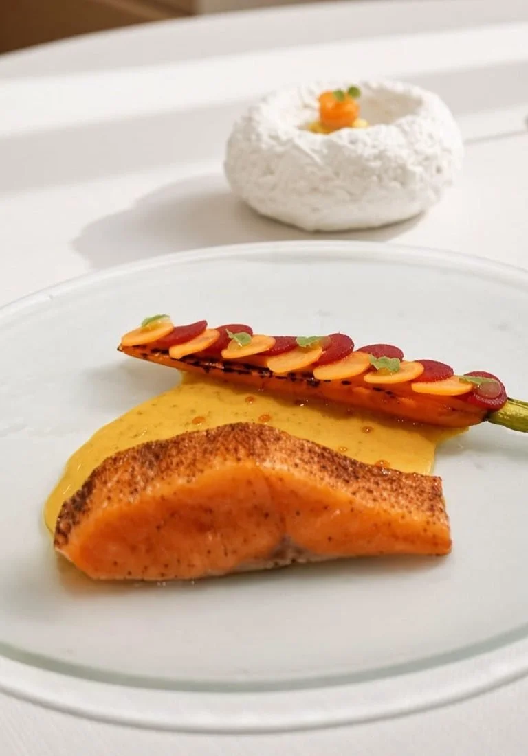 Pav&eacute; de saumon laqu&eacute;, carotte glac&eacute;e et sauce dor&eacute;e dress&eacute;s sur une assiette en verre