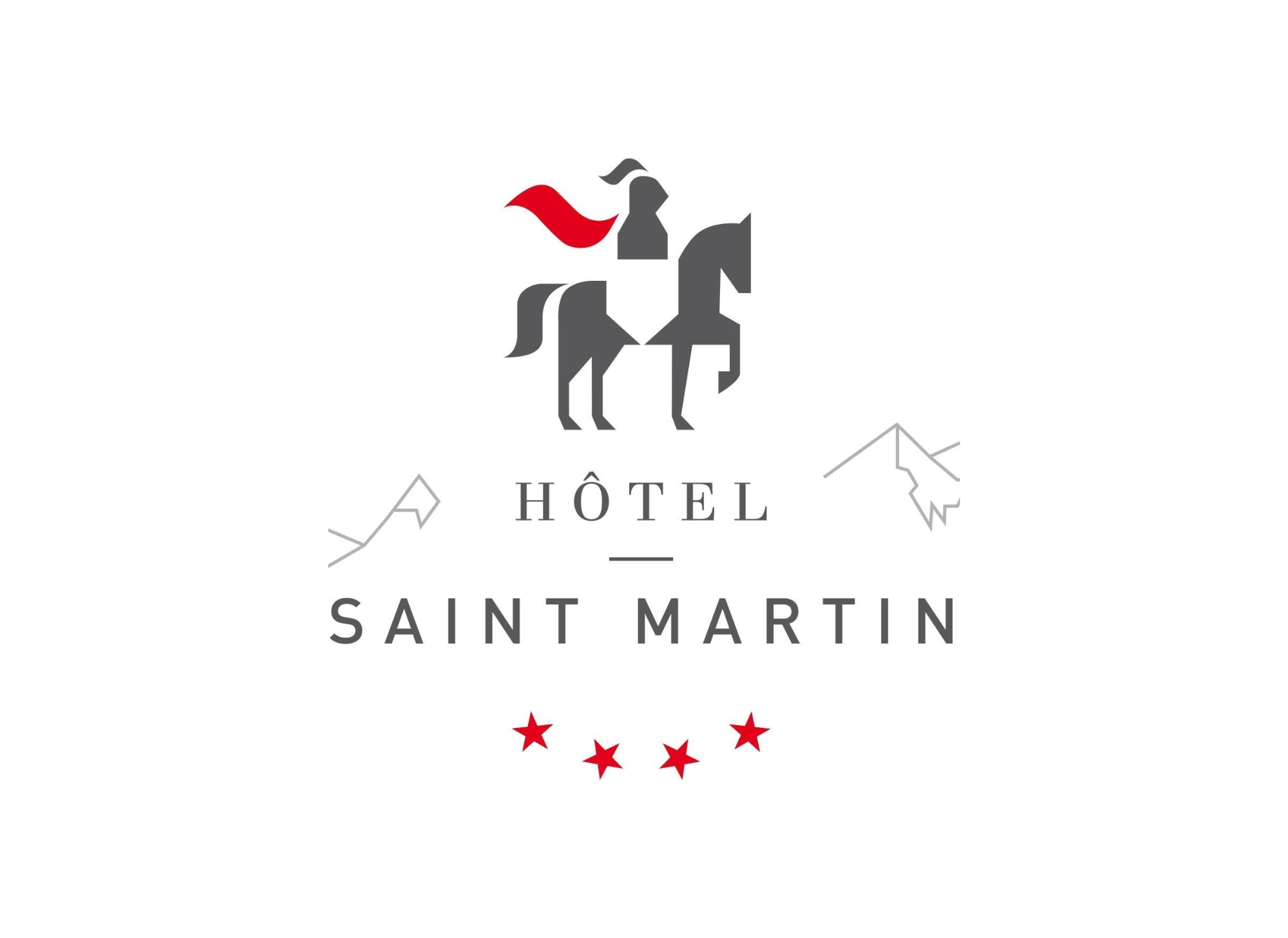 Logo du Hôtel Saint Martin avec un cheval stylisé, un casque et une plume rouge, des montagnes en arrière-plan, et des étoiles rouges en bas.