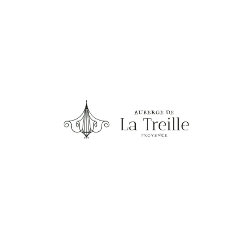 Logo de l'Auberge de La Treille, Provence, avec une illustration élégante d'un lampadaire ou chandelier stylisé, sur fond vert pastel.