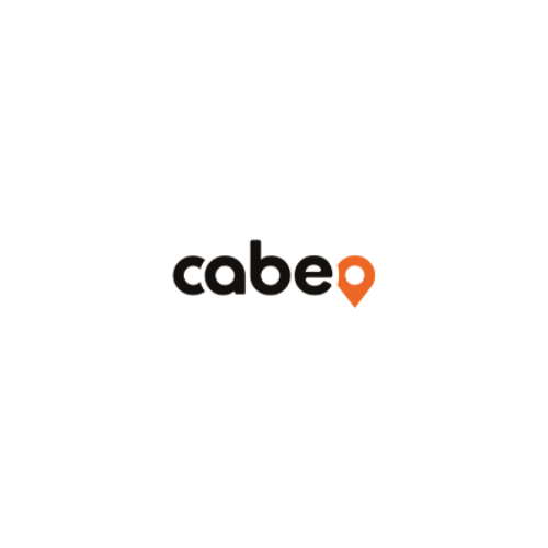 Logo de la société Cacbe avec le nom écrit en blanc et une marque de localisation orange.