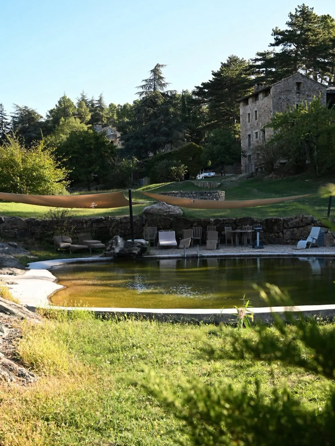 Piscine naturelle du Domaine du Taillé avec la maison en pierre en arrière-plan