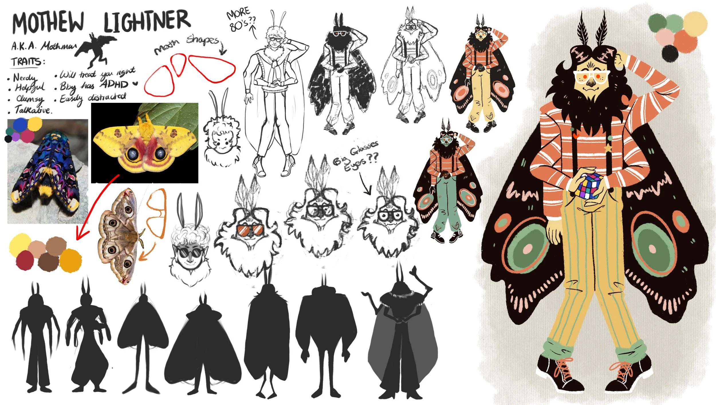 Mothman character design - Mothew Lightner. Nerdy  introvert who has two left feet and a big heart