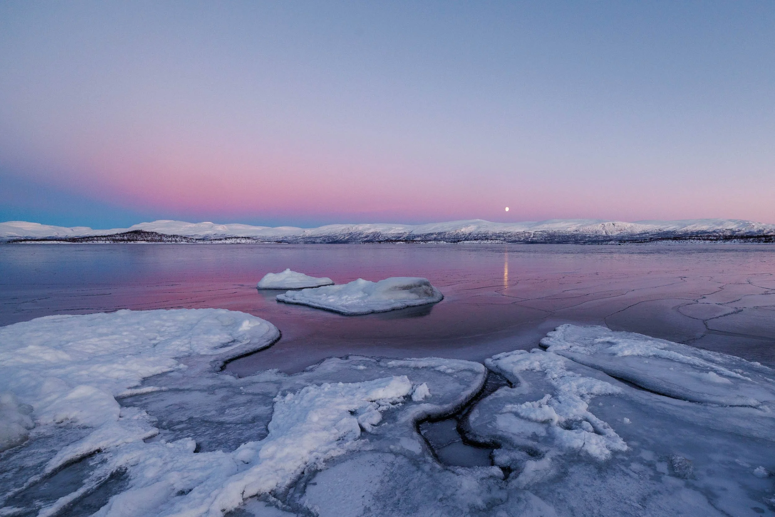 Polar night colours reflecting on a freshly frozen lake tornetrask
