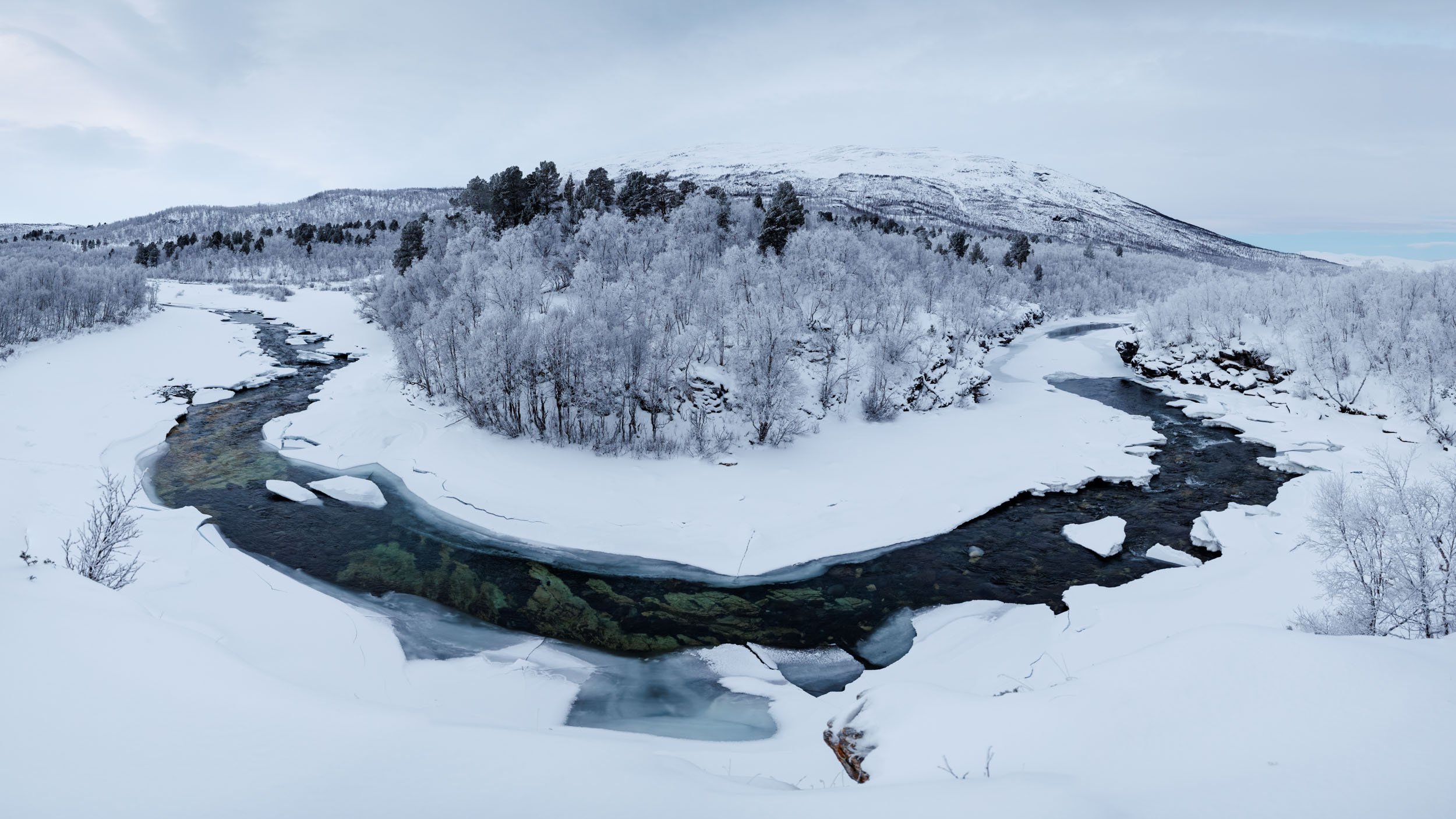 Panoramic image of meditation point in winter in Abisko national park