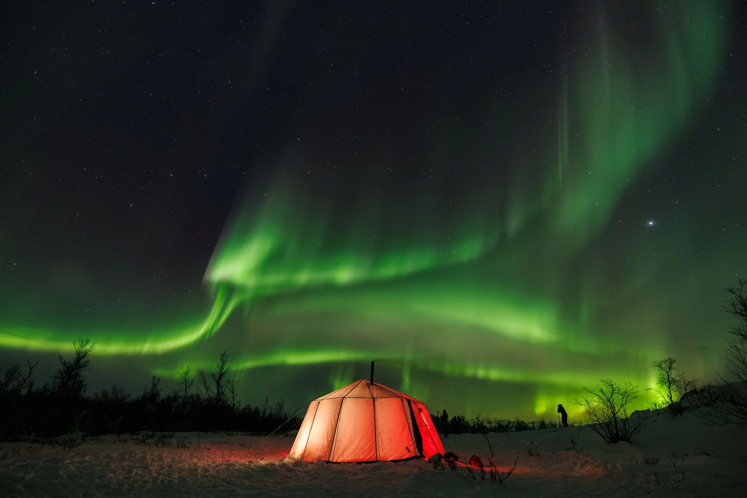 A yurt and aurora on top during a Lights Over Lapland tour