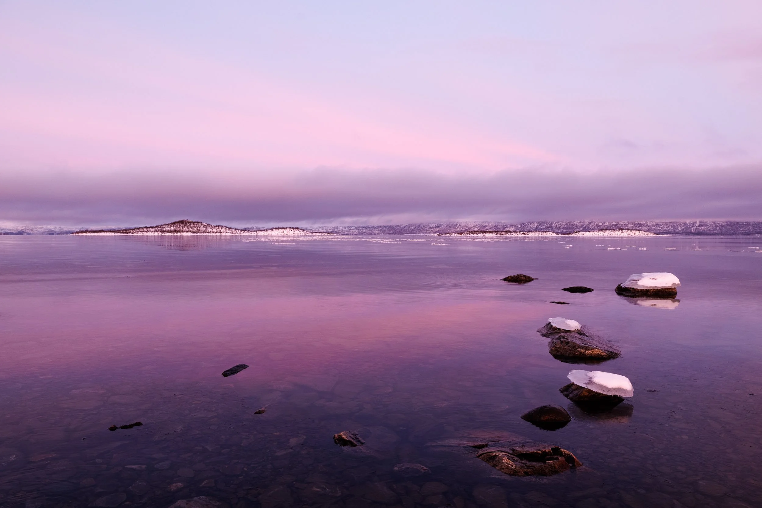 A bright pink sky reflecting on the calm water of lake Tornetrask
