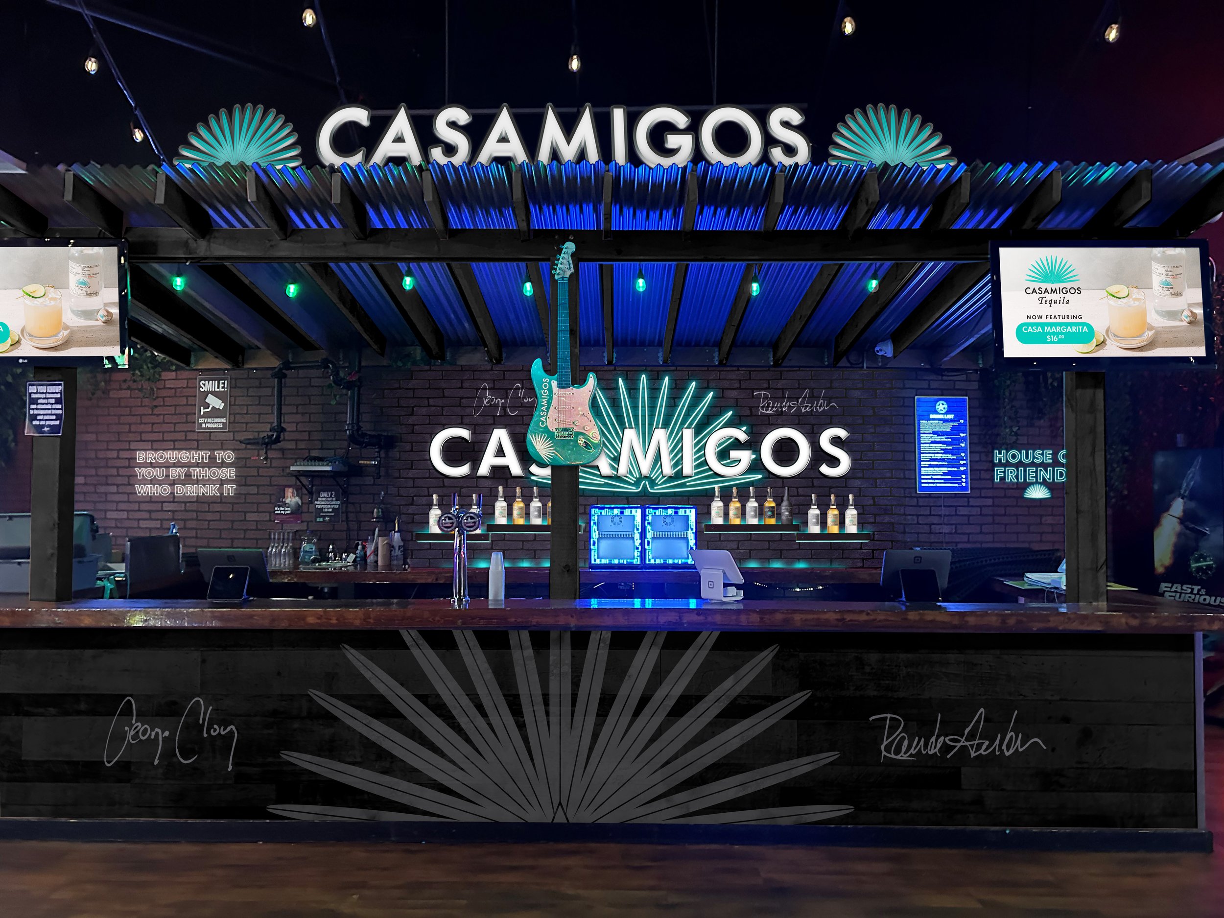 Casamigos bar mockup at Cowboys Nightclub, including branded decoration, mockup TV features, lighted signage and backbar design. Adobe Photoshop.