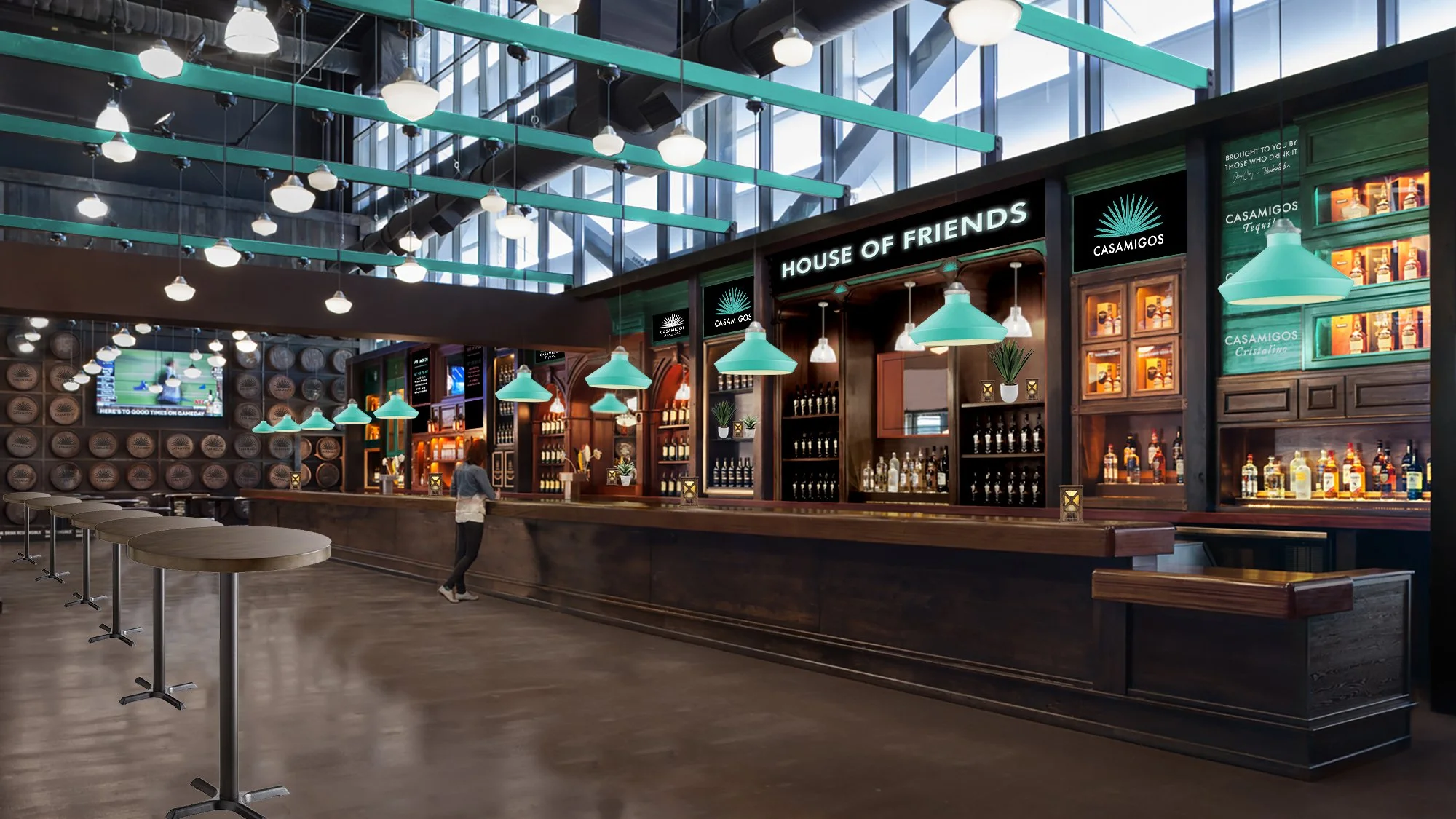 Interior space showing the full bar and backbar.