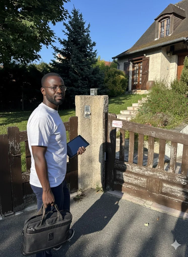 Un homme debout devant une clôture en bois dans une rue résidentielle, tenant un ordinateur portable et un sac, avec une maison en arrière-plan sous un ciel bleu.