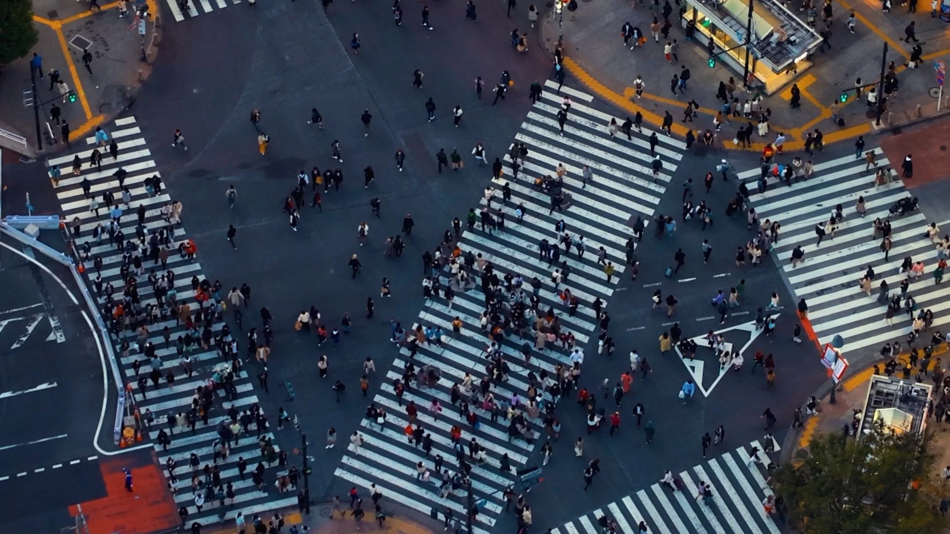 Aerial view of a busy intersection in Tokyo, Japan with crosswalks and pedestrians walking in all directions.
