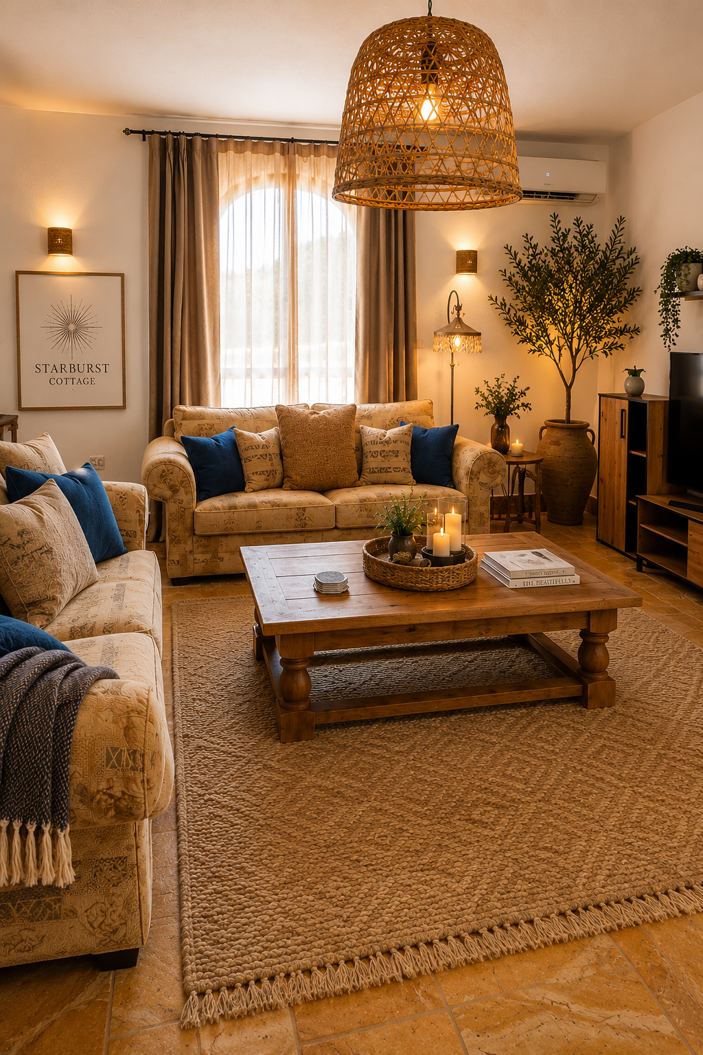 Dragonfly starburst suite Cozy living room with two beige sofas, blue and patterned pillows, a wooden coffee table with candles and plants, large window with beige curtains, warm lighting, large potted tree, wall art, and a TV stand.