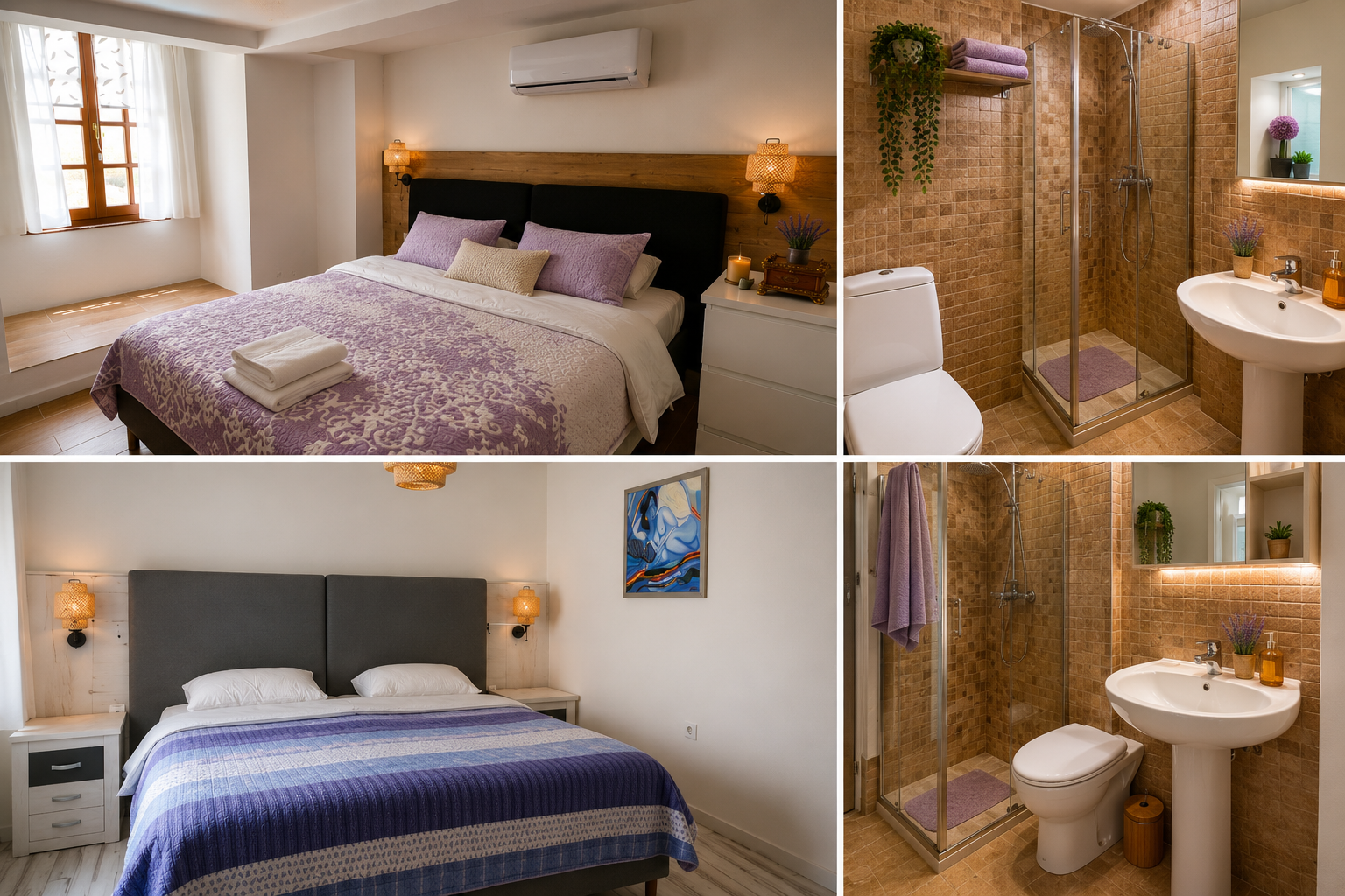 Collage of two bedrooms and two bathrooms, each with a shower. The first bedroom has a window with white curtains, a bed with purple bedding and pillows, and soft lighting. The second bedroom has a large bed with a dark headboard, a blue quilt, and artwork on the wall.