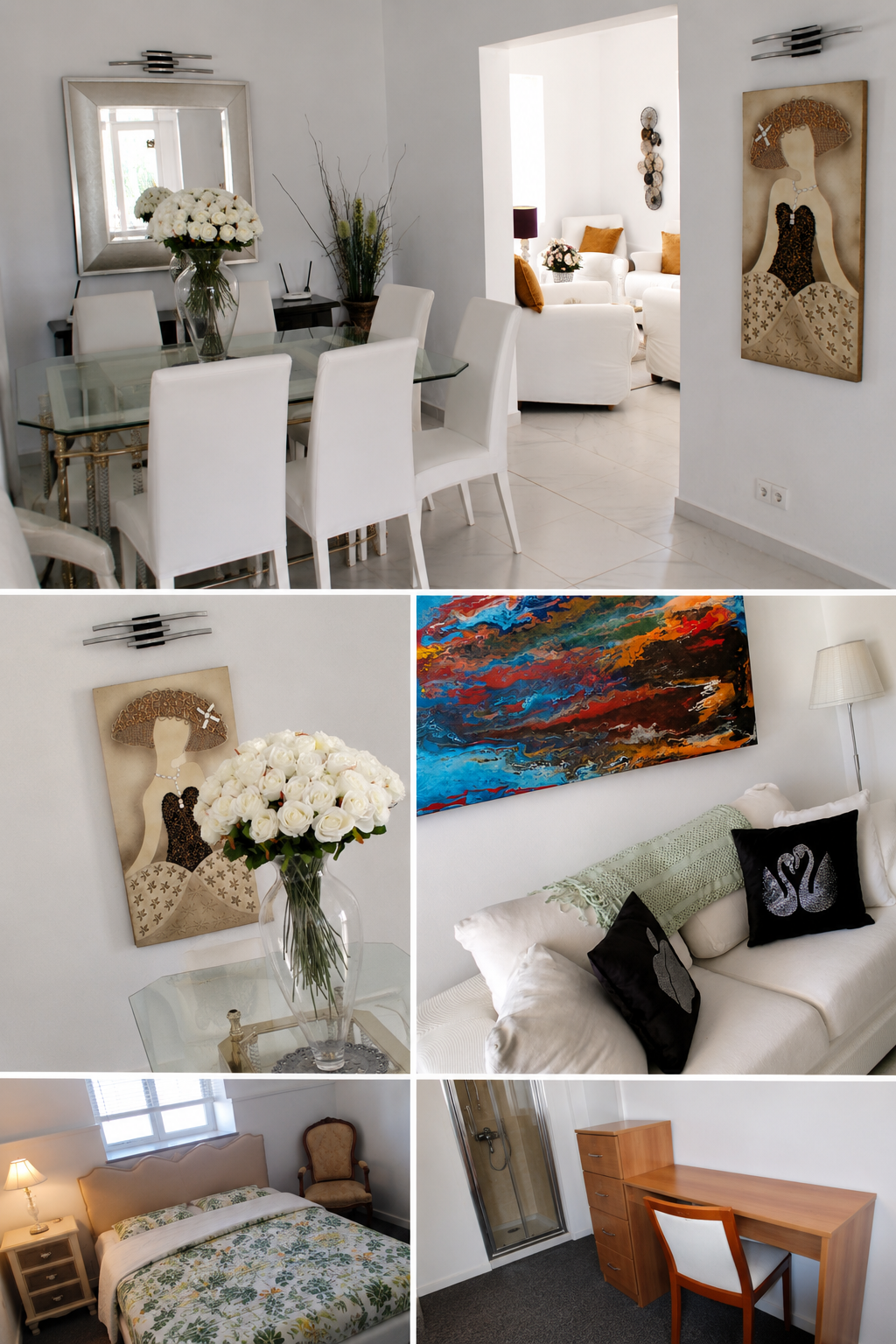 Collage of interior home spaces including a dining room with white chairs and floral arrangement, an art piece of a woman with a brown hair, a living room with black and white swan pillows and colorful painting, a bedroom with floral bedding, and a home office with a wooden desk.