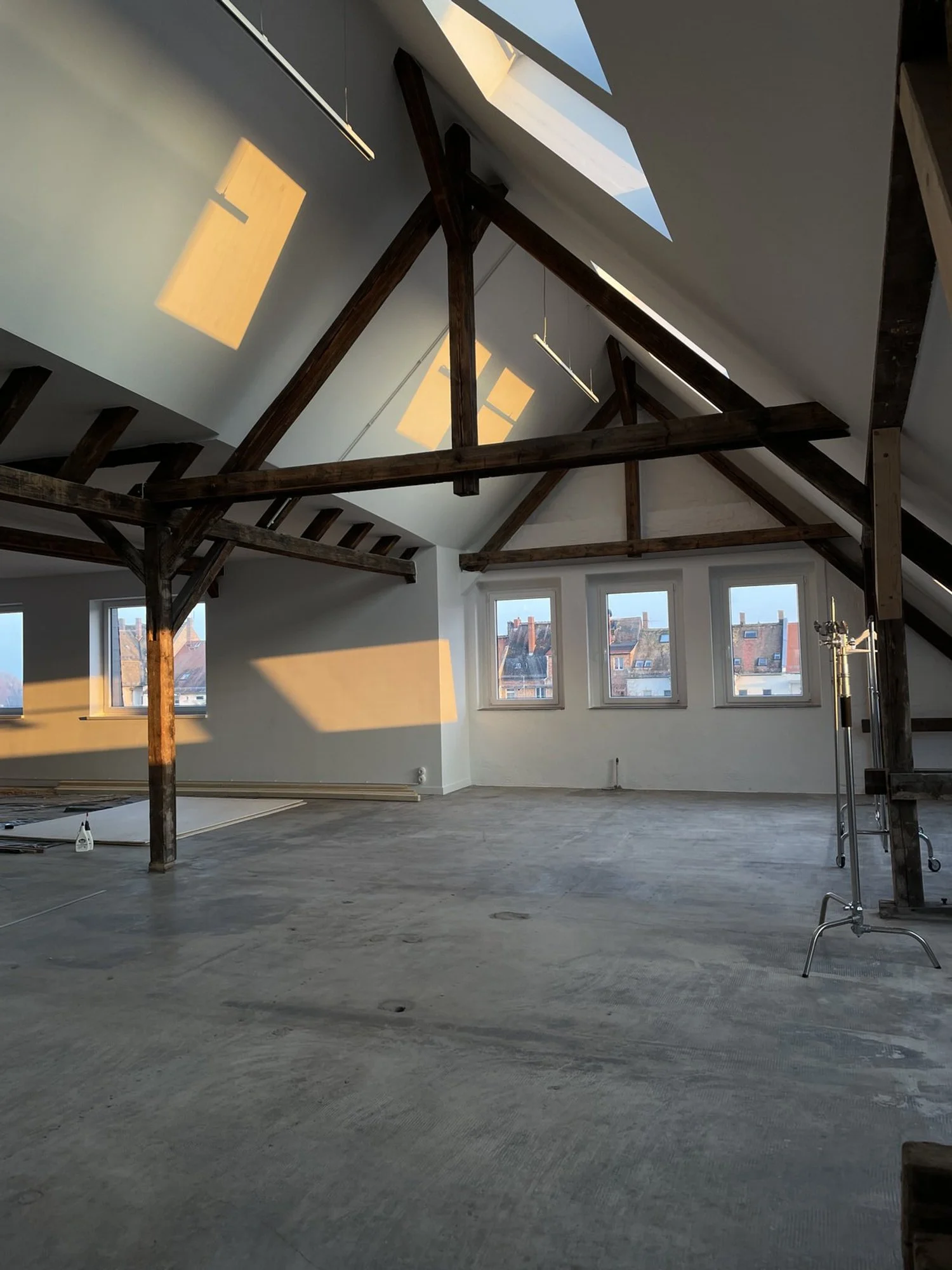 Fotostudio Leipzig mit bunter Hintergrundwand und direktem Sonnenlicht.