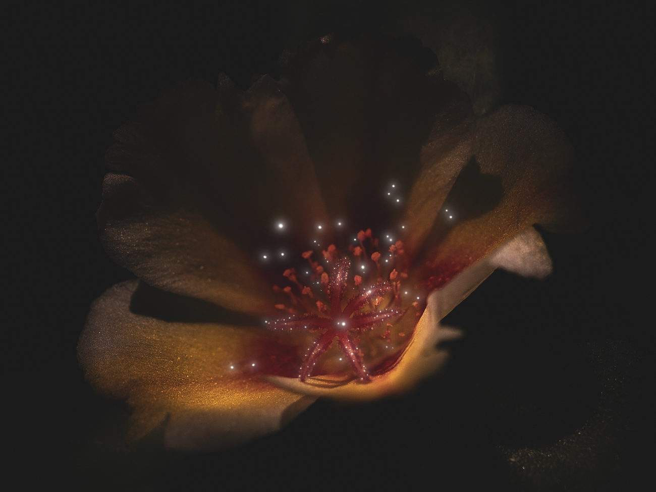 Close-up of a flower with dark petals, illuminated by tiny sparkling lights and a central star-shaped structure.