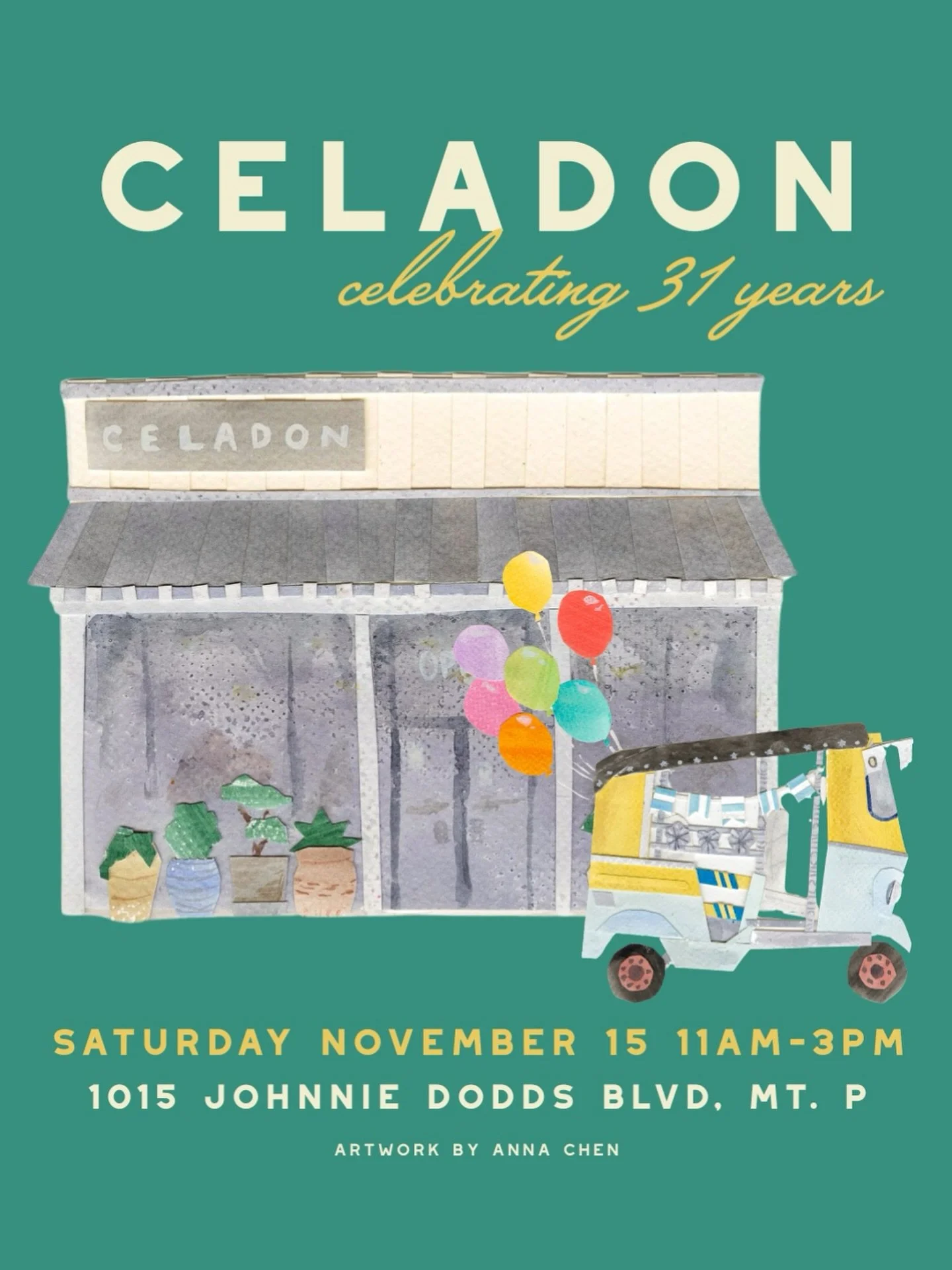 Excited to help @celadonhome celebrate their 31st bday this Saturday, 11/15, from 11 am to 3 pm. Come out and see us in Mount Pleasant!

#CHSCeviche #Celadon #Home #Charleston