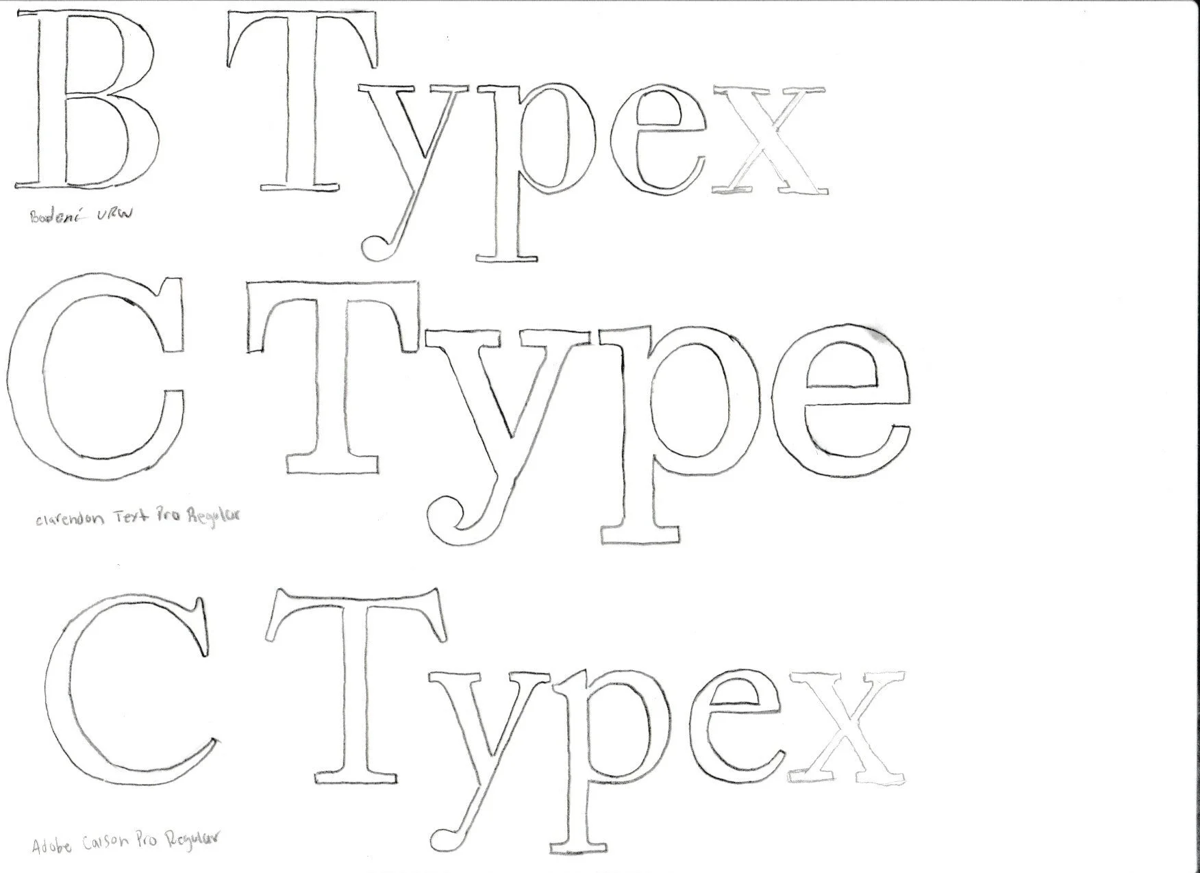 Chose three typefaces to trace out. The tracing exercise was to see the intricacy of each typeface. To manually experience what makes each different and unique.  