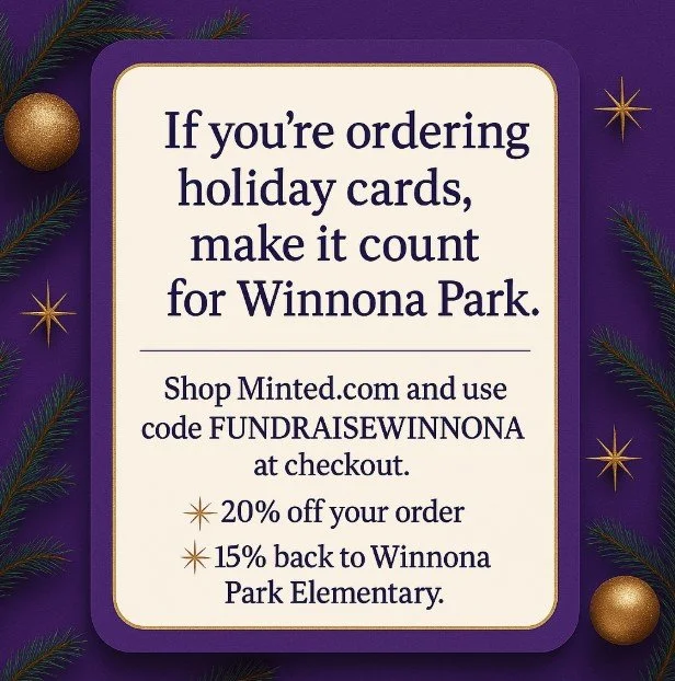 Ordering holiday cards this year? ✨
Make it count for Winnona Park! Shop Minted.com with code FUNDRAISEWINNONA &mdash; you&rsquo;ll get 20% off, and 15% goes back to Winnona Park Elementary.

Beautiful gifts, brighter classrooms. 💜