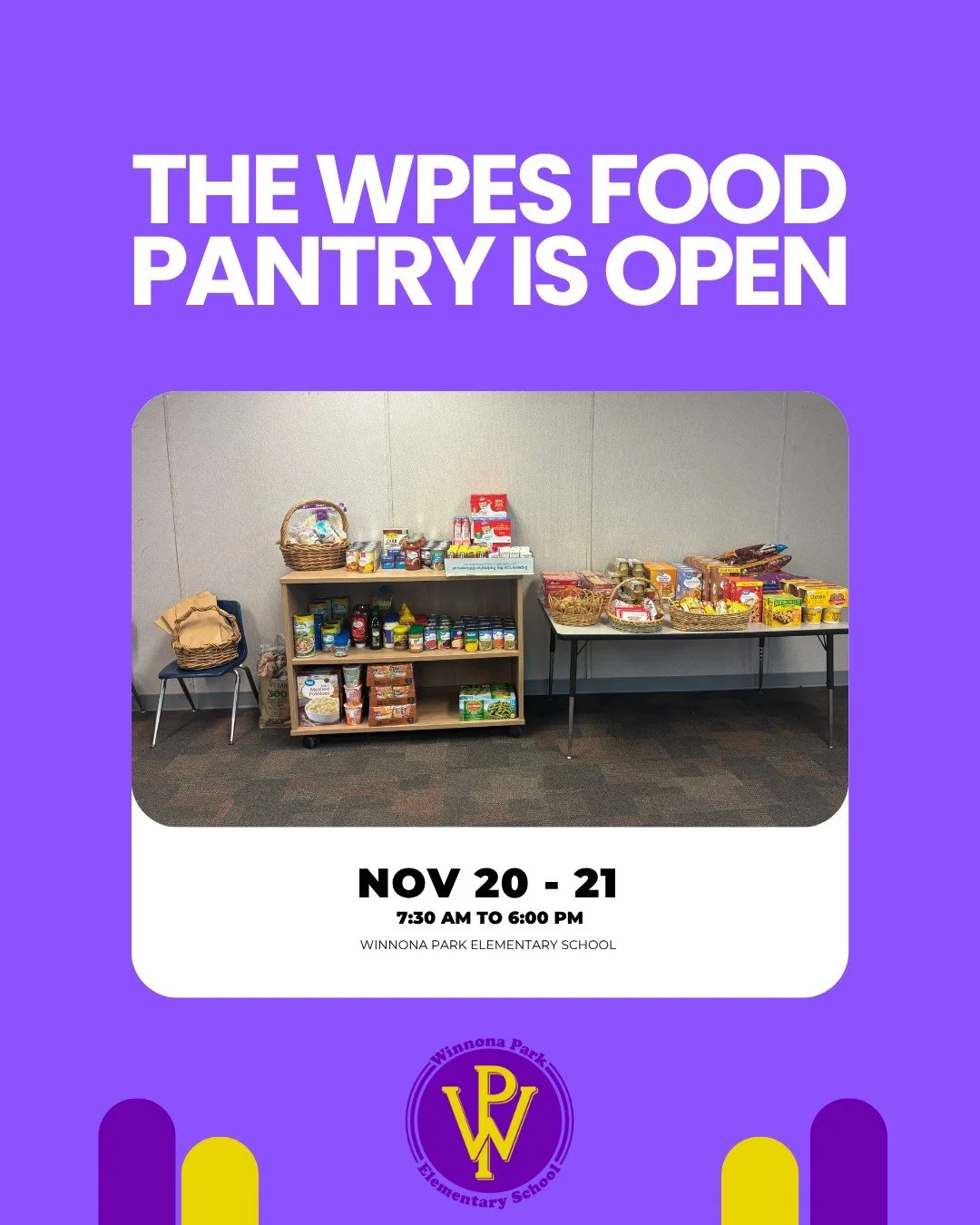 Winnona Park families, thank you.
Your generosity this season is making a real difference. Thanks to your donations, WPES is offering basic food staples to support members of our community who may need a little extra help heading into the holiday.

F