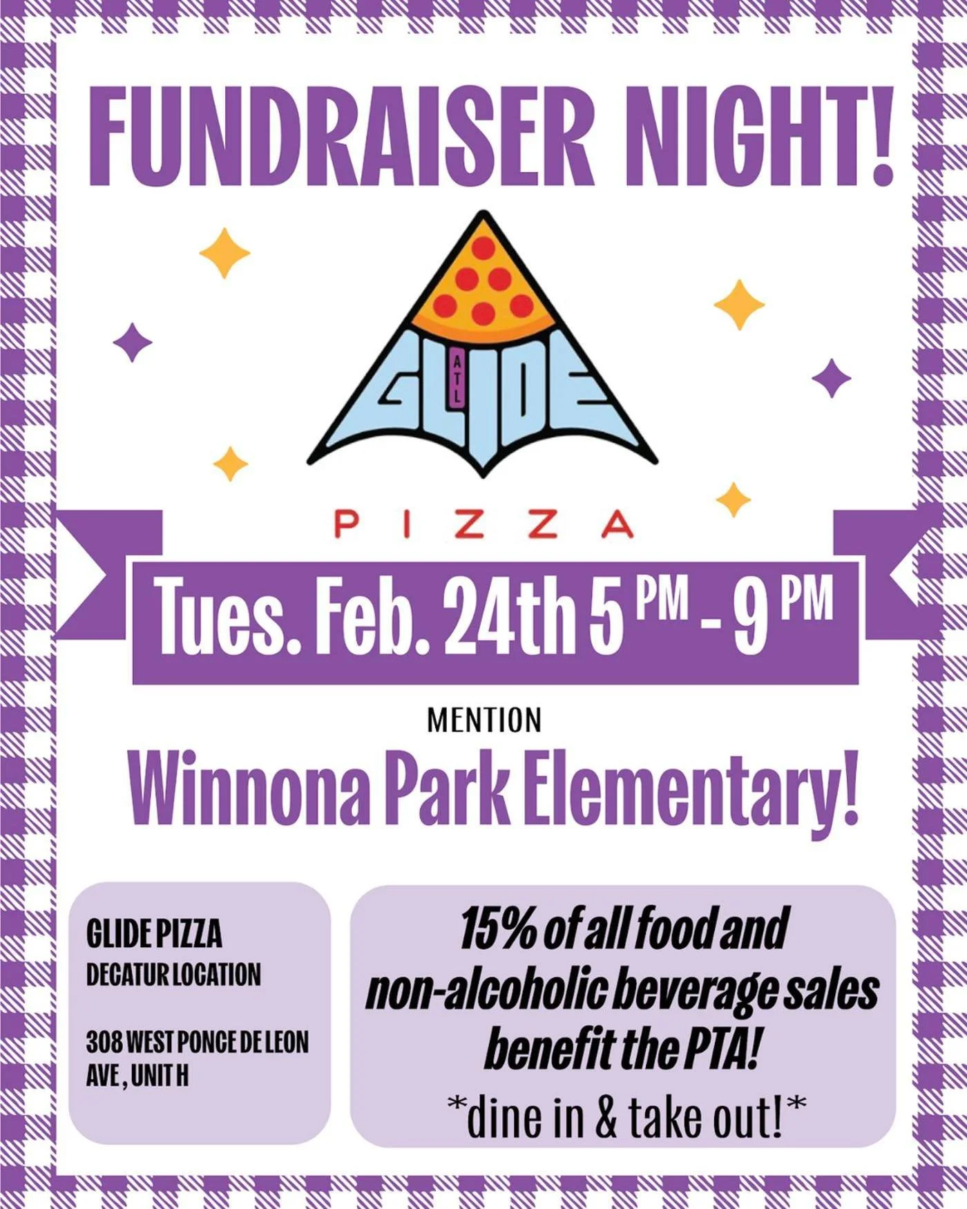🍕 Spirit Night is TODAY at Glide Pizza!

From 5&ndash;9 PM, mention Winnona Park Elementary at the Decatur location and 15% of your food and non-alcoholic beverage purchase goes back to the PTA.

Dine in or take it to go. Either way, dinner supports