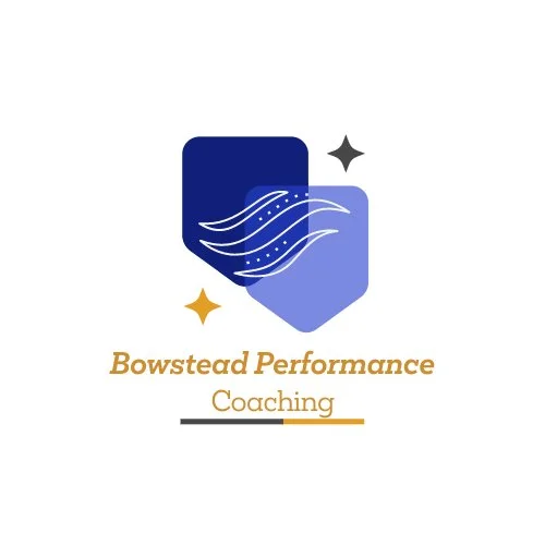 Logo for Bowstead Performance Coaching featuring two overlapping shields, one dark blue and one light blue, with wavy lines inside, and decorative stars.