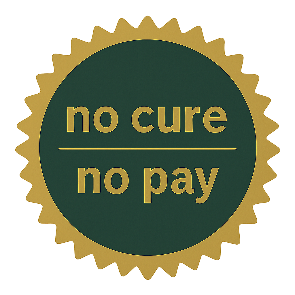 Et logo med grøn cirkel og gult tekstfelt, der siger 'no cure no pay', omkranset af en gul badge med spidse kanter.
