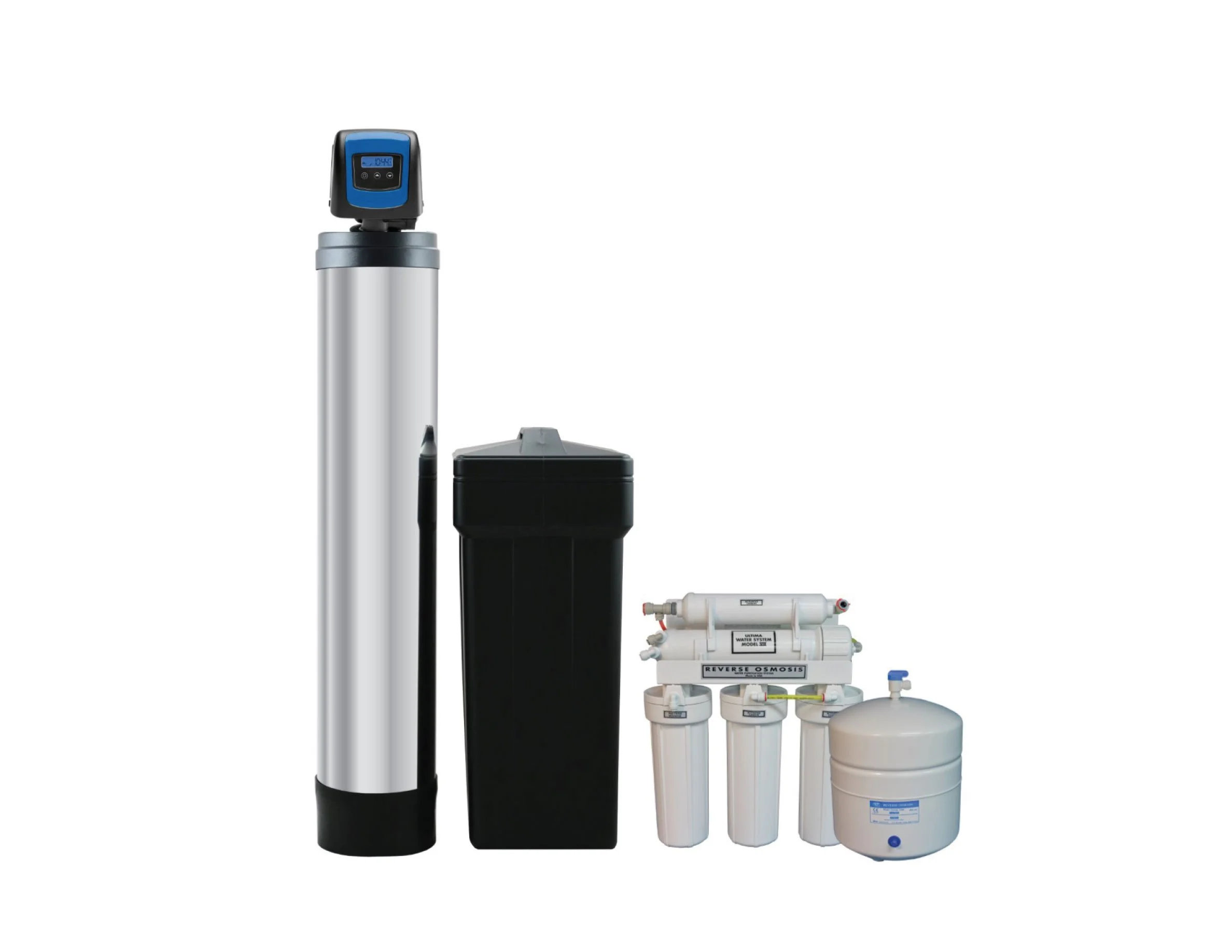 Home water filtration and softening system including tall cylinder, black container, and reverse osmosis unit with filters.
