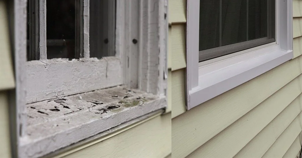 comparison of damaged and repaired window frames on house exterior