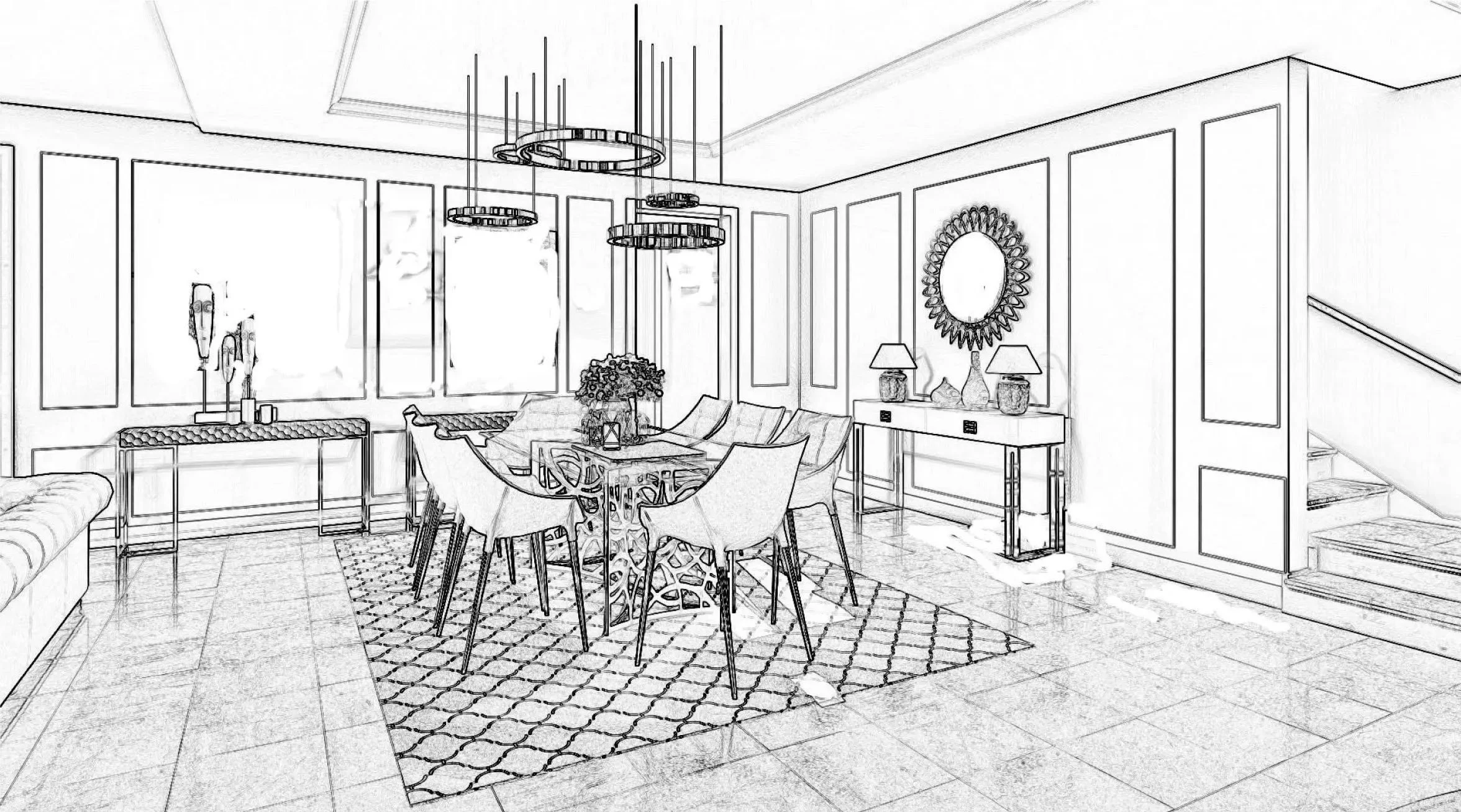 Line drawing of a modern dining room with a table, chairs, and chandelier.