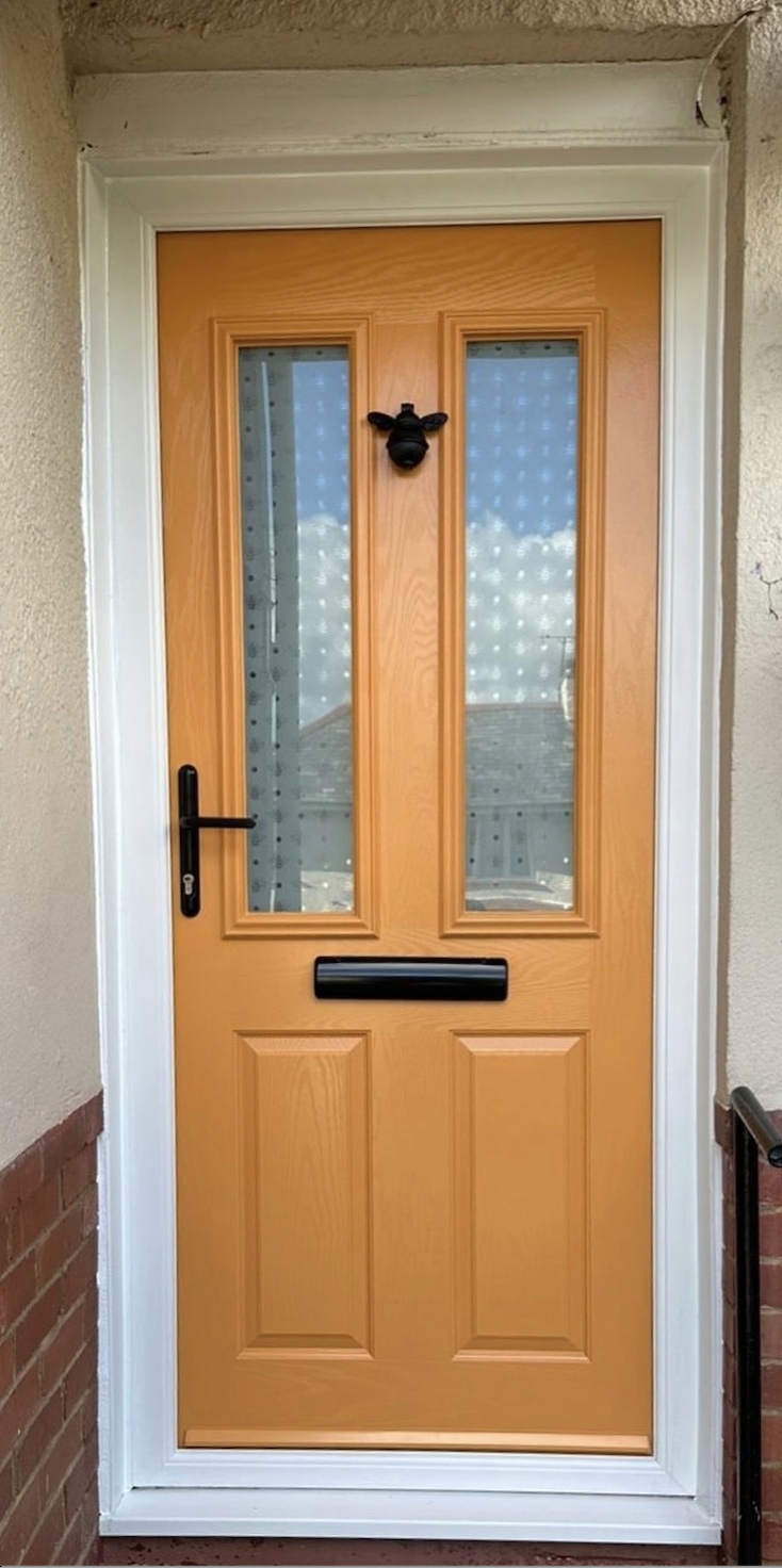 Yellow Door With Bumble Bee Knocker & Glass