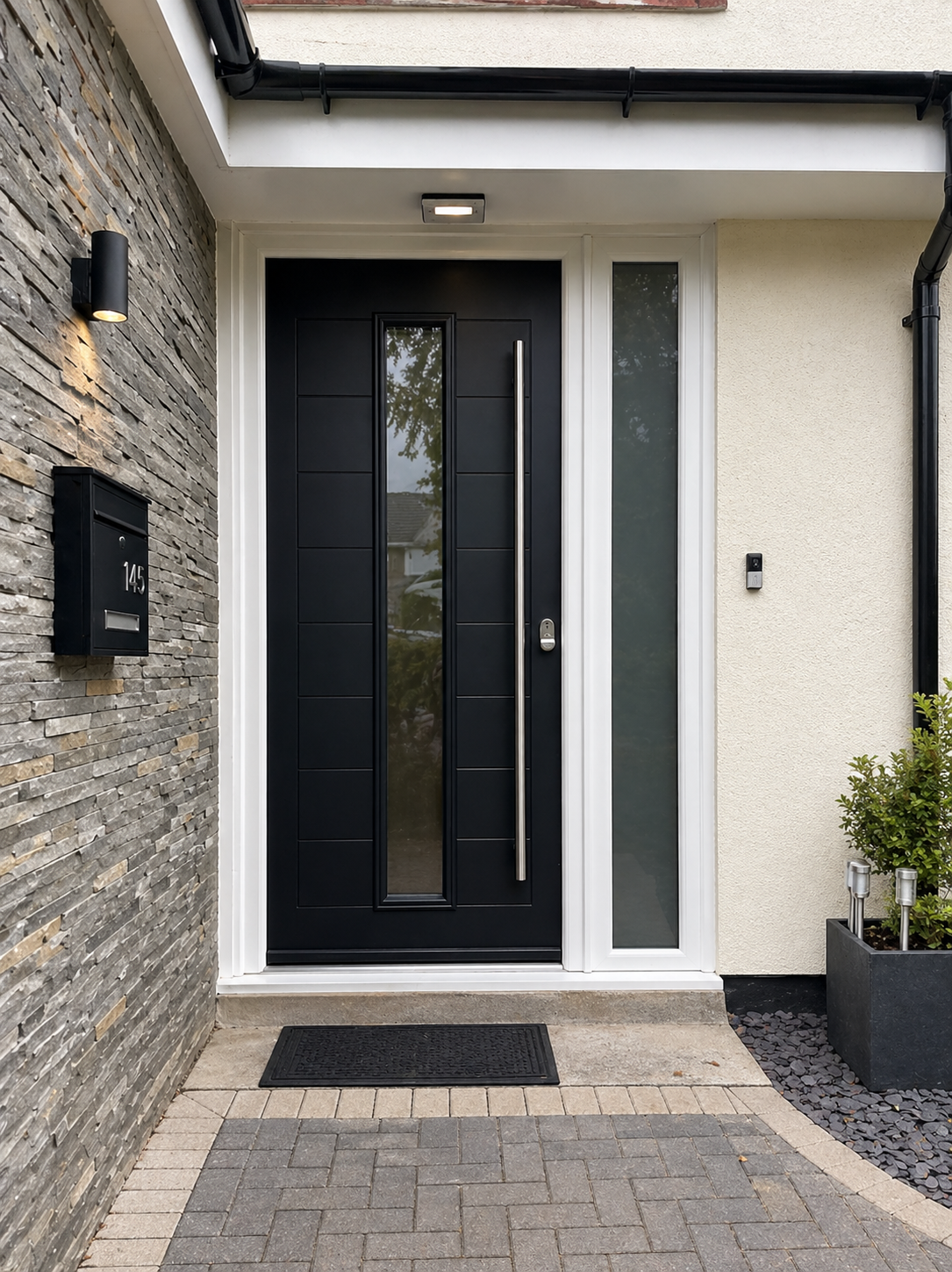 Black Composite Door With long handle and sleek window down the centre.