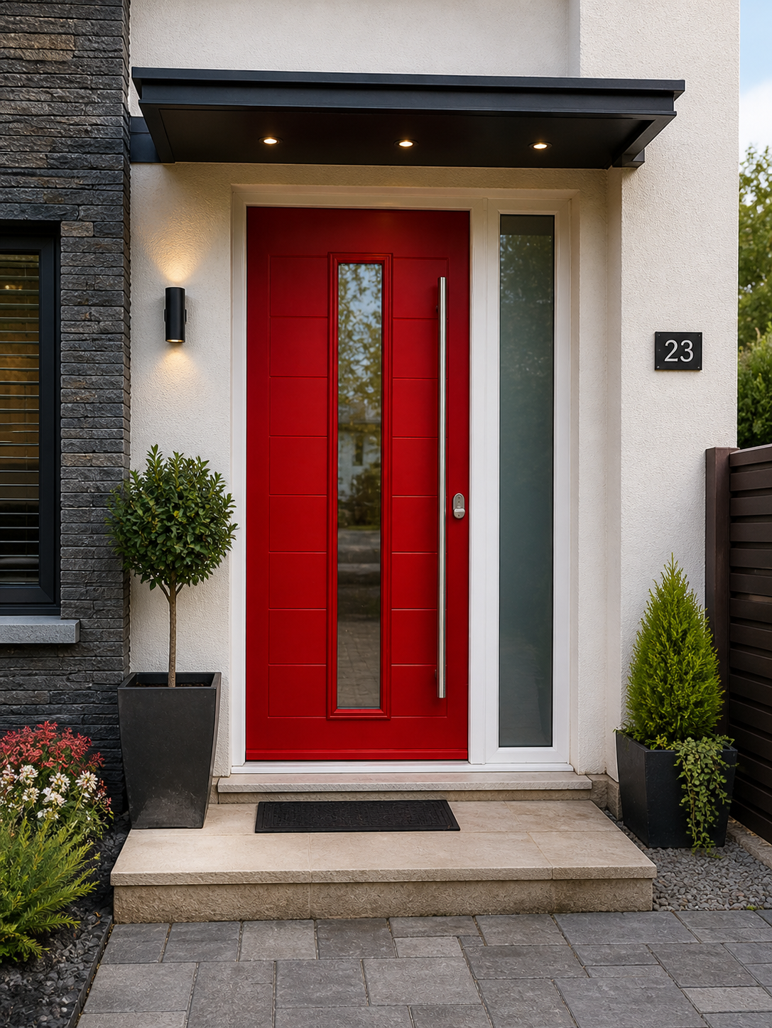 Red Composite Door with long handle and tinted window fully fitted in Exmouth by Driftwood.