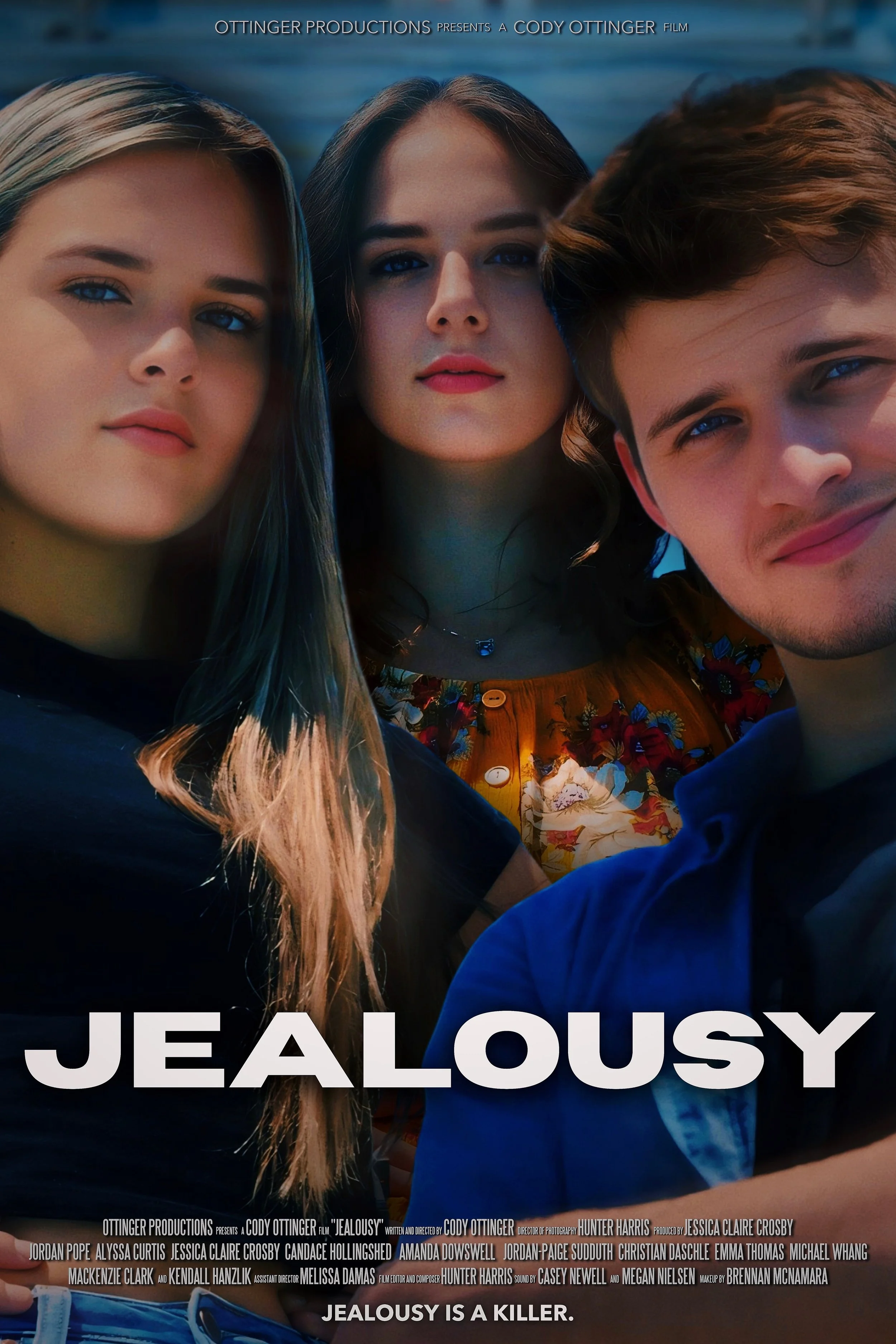 Poster for a theatrical production titled 'Jealousy,' depicting a diverse group of young people standing by a pool with a modern house in the background. The cast names are listed at the top, and the tagline 'Jealousy is a Killer' is at the bottom, along with production details and the year 2023.