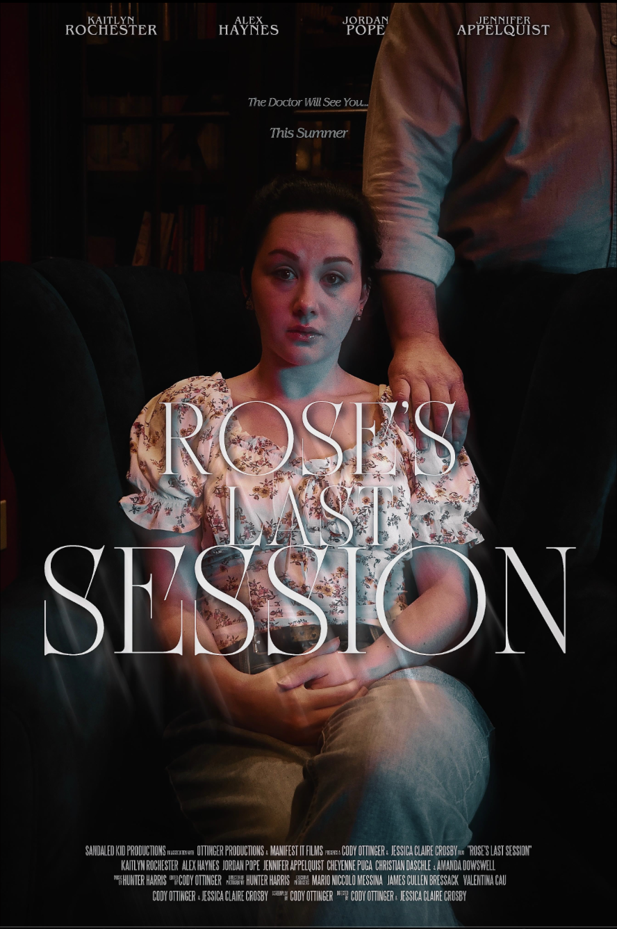 Poster for 'Rose's Last Session' featuring a woman sitting on a black couch, with a hand resting on her shoulder, and text with cast and production details in the background.