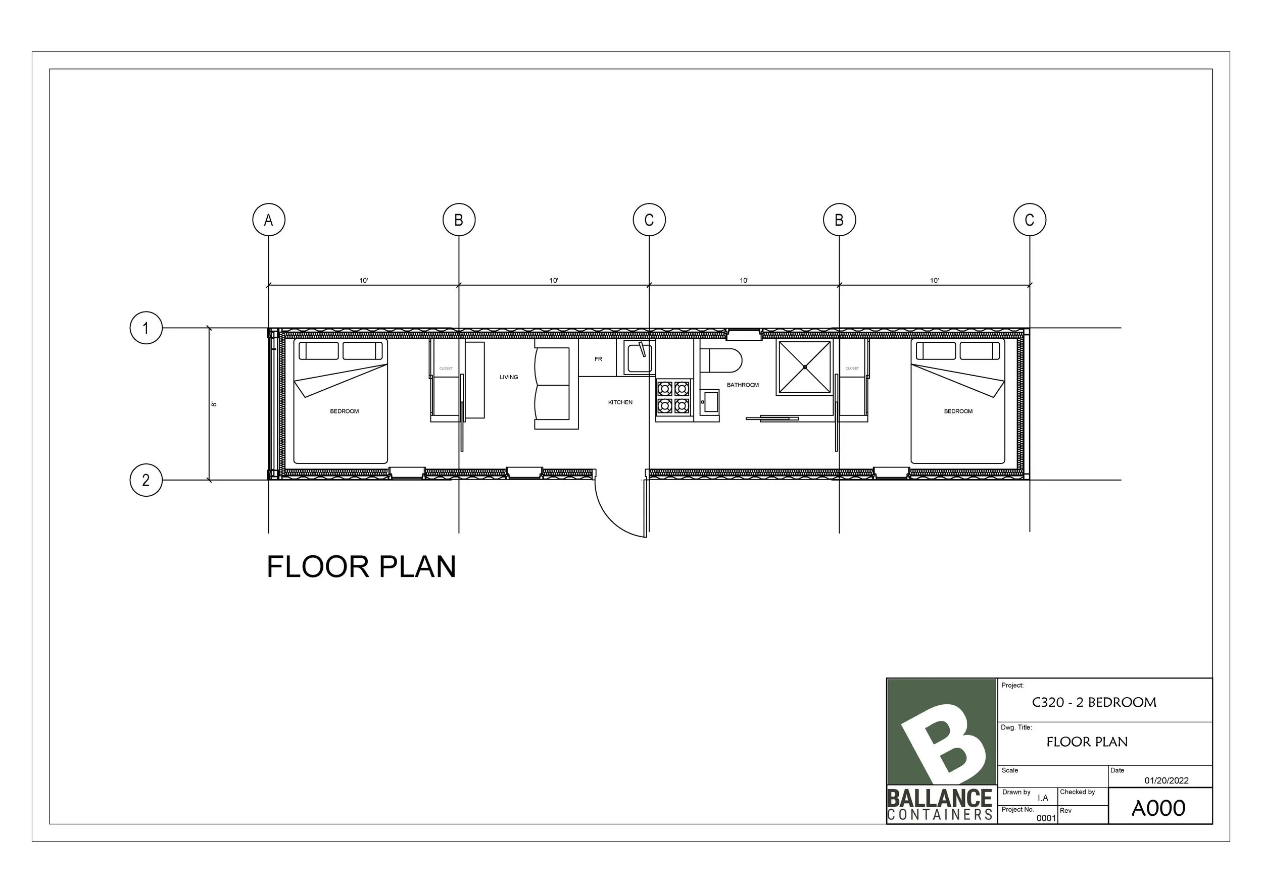 Floor plan of a two-bedroom container home showing two bedrooms, a living area, a kitchen, and a bathroom, with labeled gridlines and measurements.