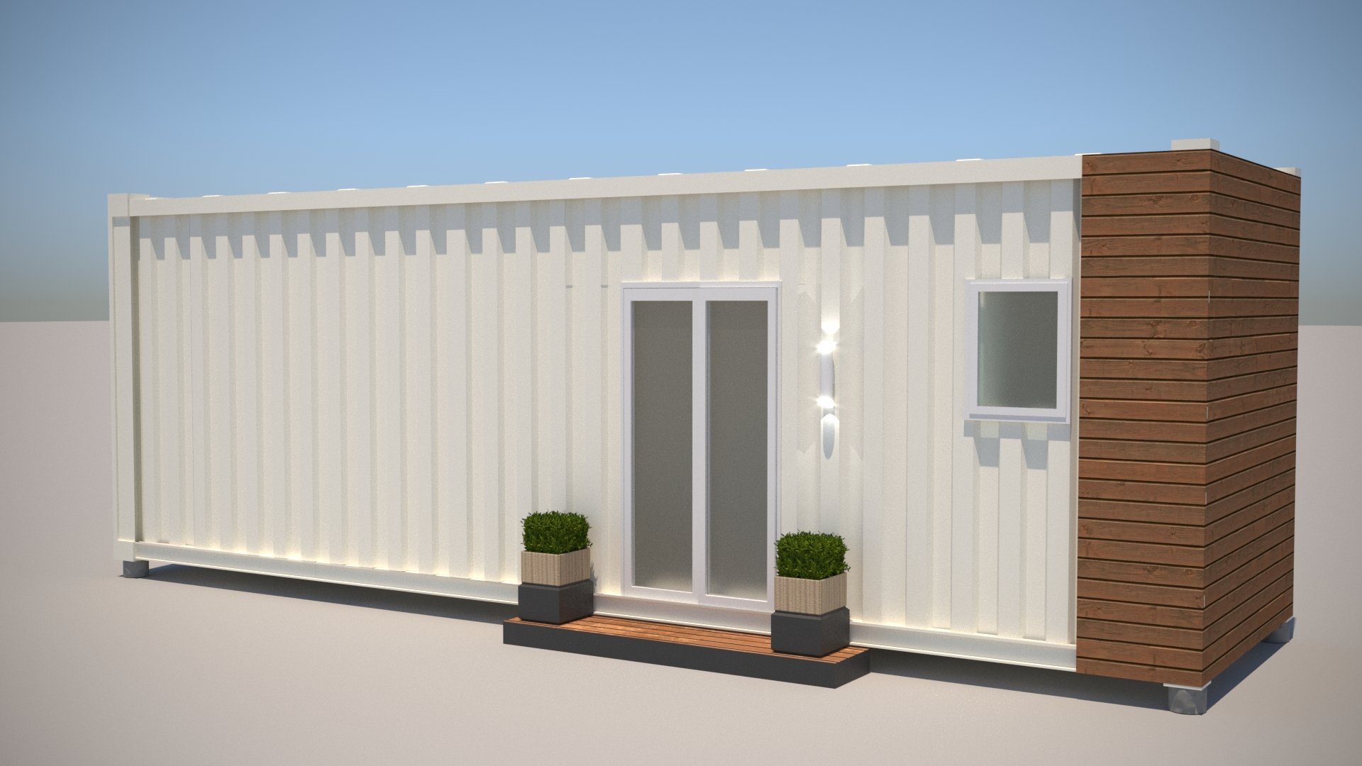 A modern tiny house with white corrugated metal exterior, a small front porch with two potted plants, a glass sliding door, and a small window, with a wooden accent wall on the right end, under a clear blue sky.