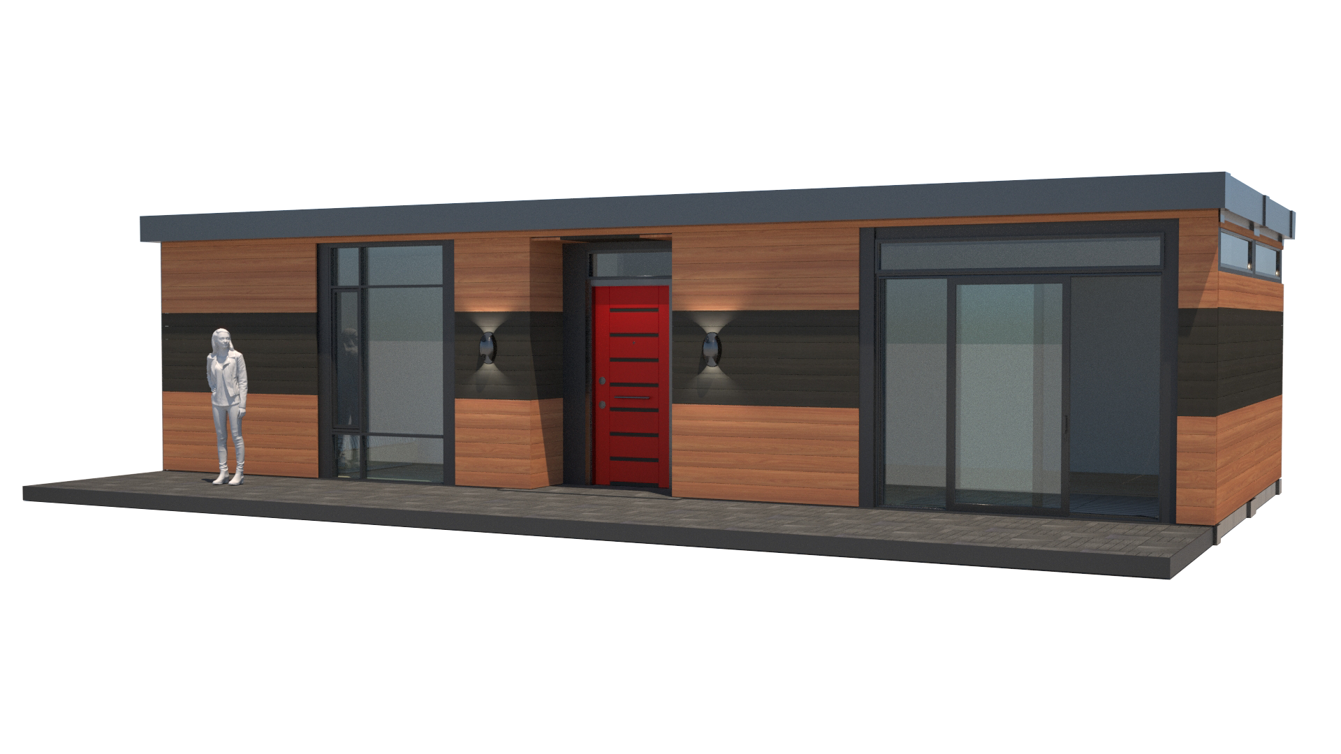 A modern, rectangular tiny house with wood siding, black accents, large glass doors, and a red front door, featuring exterior lighting and a person standing on the porch.