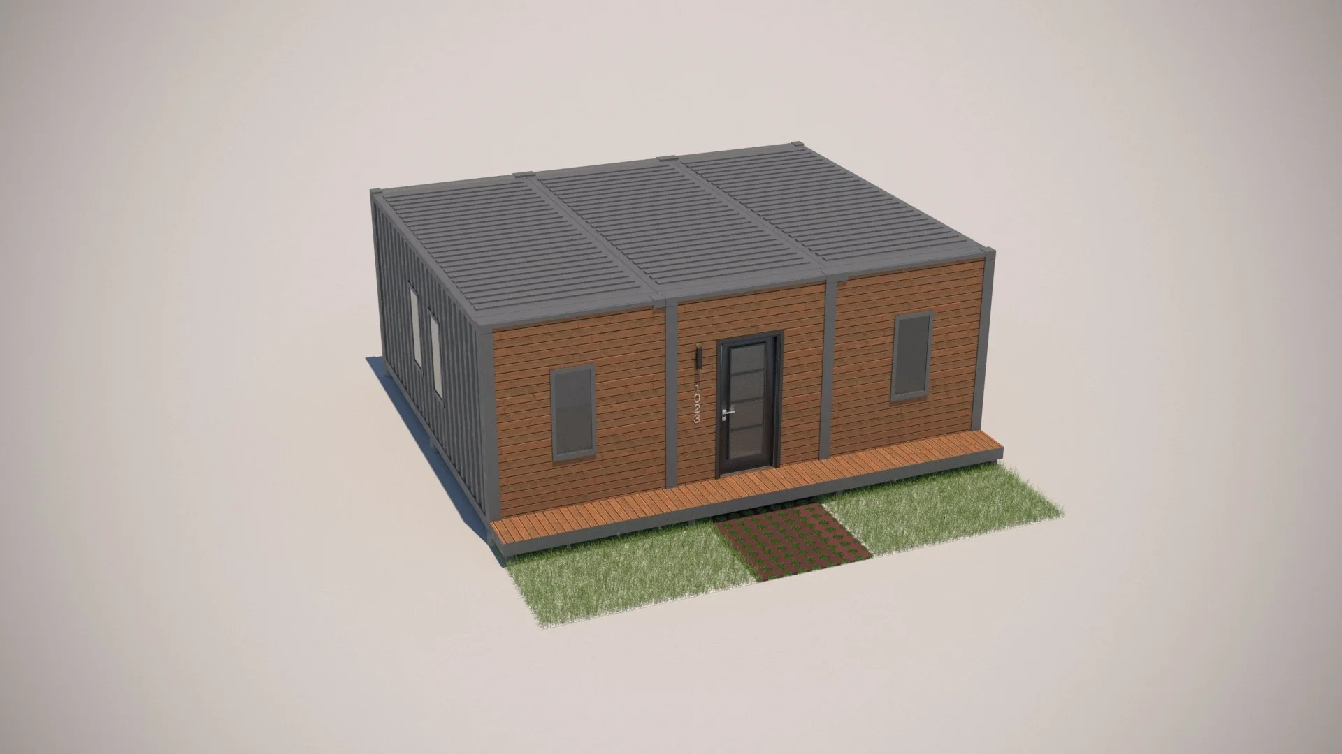 3D rendering of a small modern house with a flat roof, wooden exterior, and a small front porch on a patch of grass.