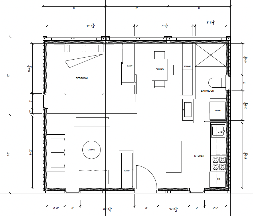 Floor plan of a small house with labeled rooms including living room, bedroom, kitchen, dining area, bathroom, laundry, and storage, with dimensions.