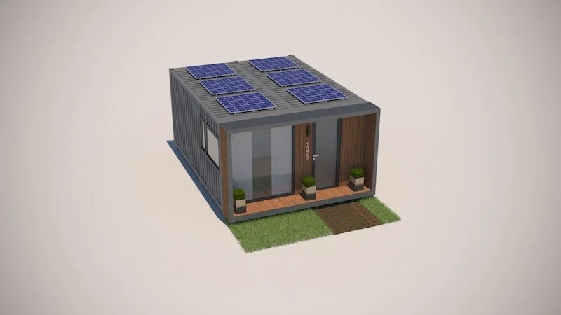3D model of a small, modern house with solar panels on the roof, large glass front door, and small porch with potted plants and a green lawn.