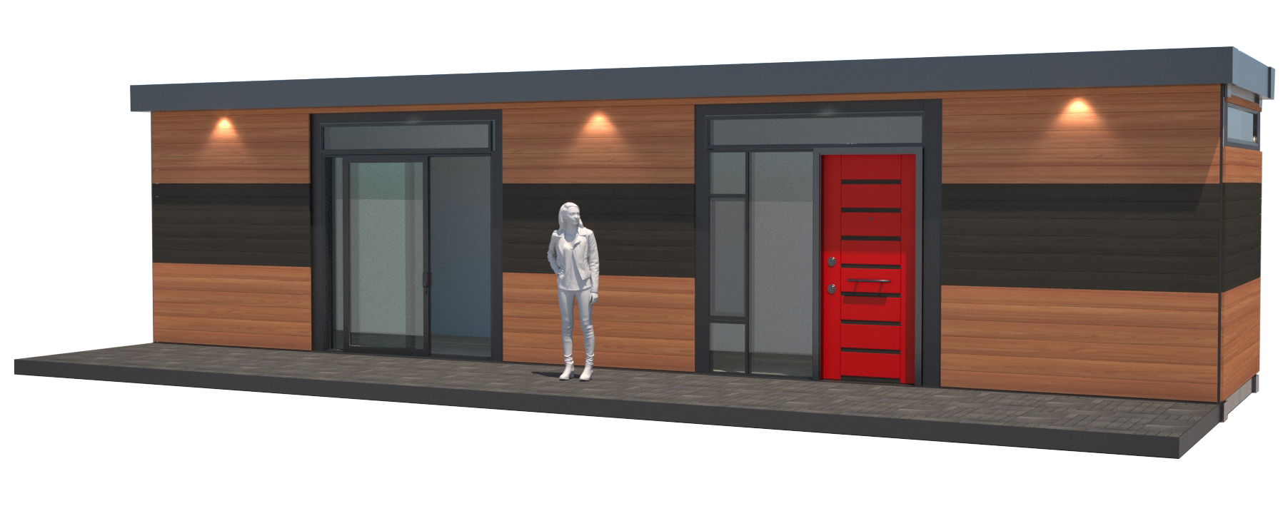 A modern tiny house with mixed wood and black siding, a red front door, large glass windows, and a woman standing on the porch.