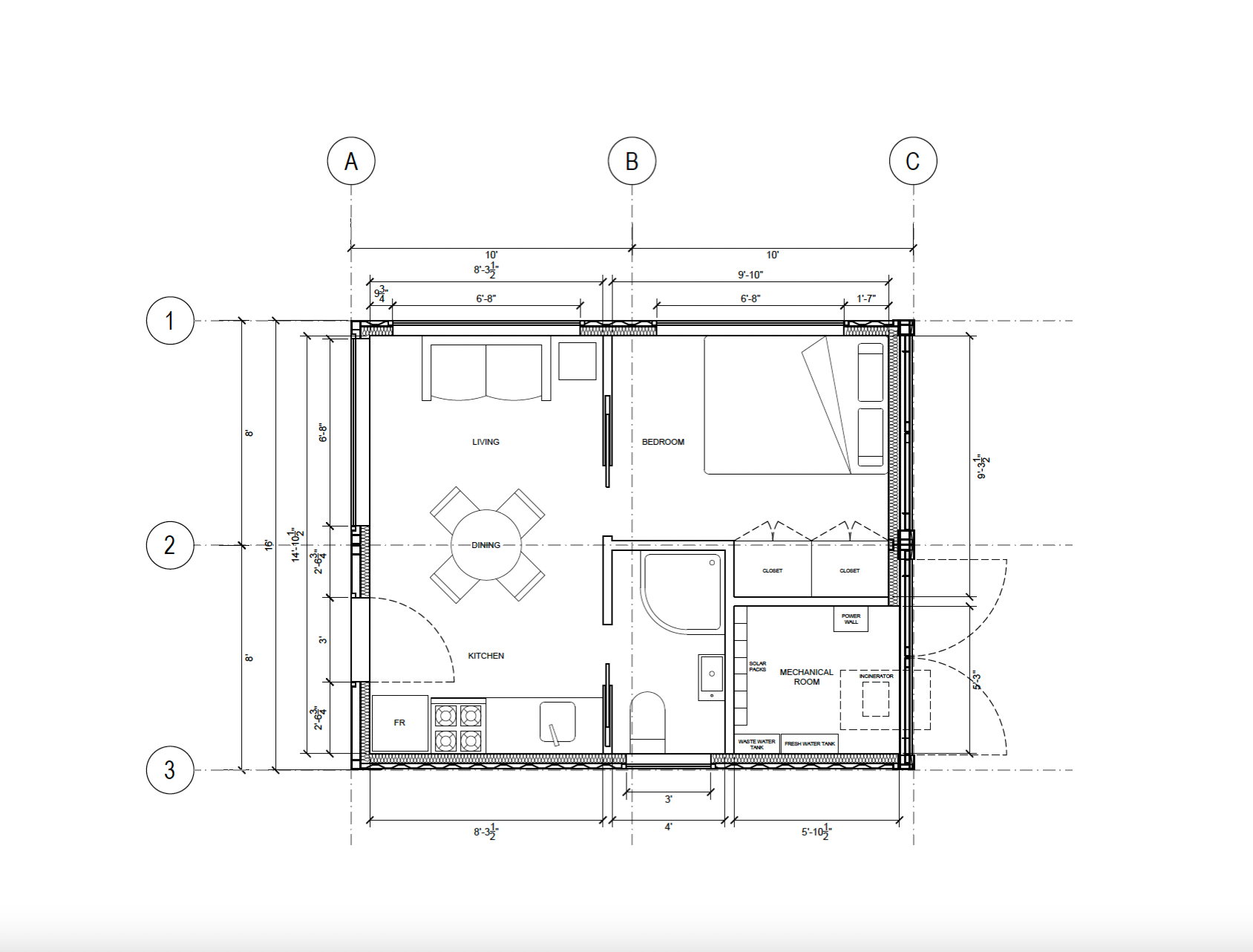 Architectural floor plan of a small house with designated areas for living, dining, bedroom, kitchen, and mechanical room, with measurements and labels.