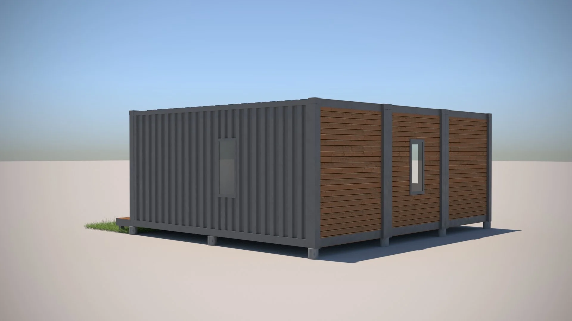 A modern tiny house with gray metal siding and wooden accent walls, featuring a vertical narrow window, on a flat surface with a clear sky background.