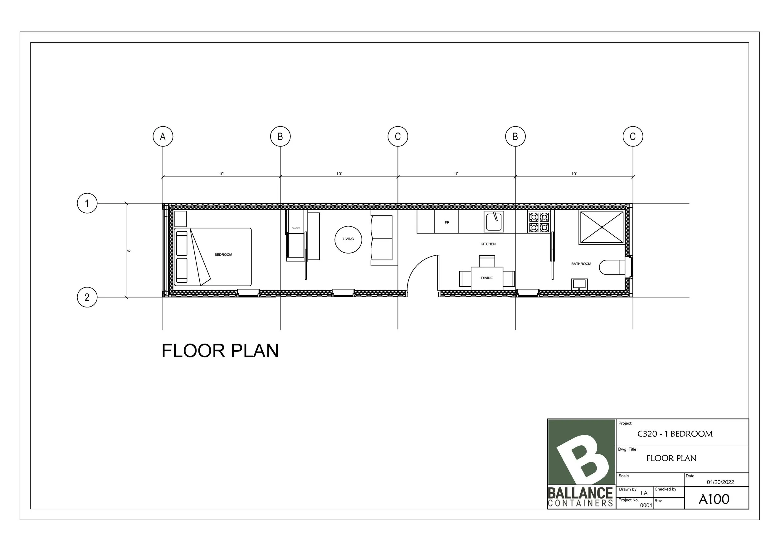 Floor plan for a one-bedroom container home, showing the layout with a bedroom, living area, kitchen with dining, and bathroom.